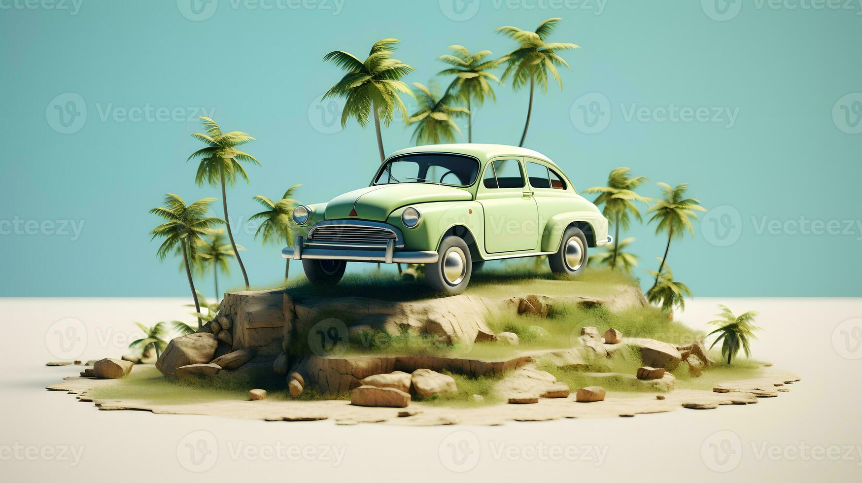 retro Auto auf Insel mit Palme Bäume ai generiert foto