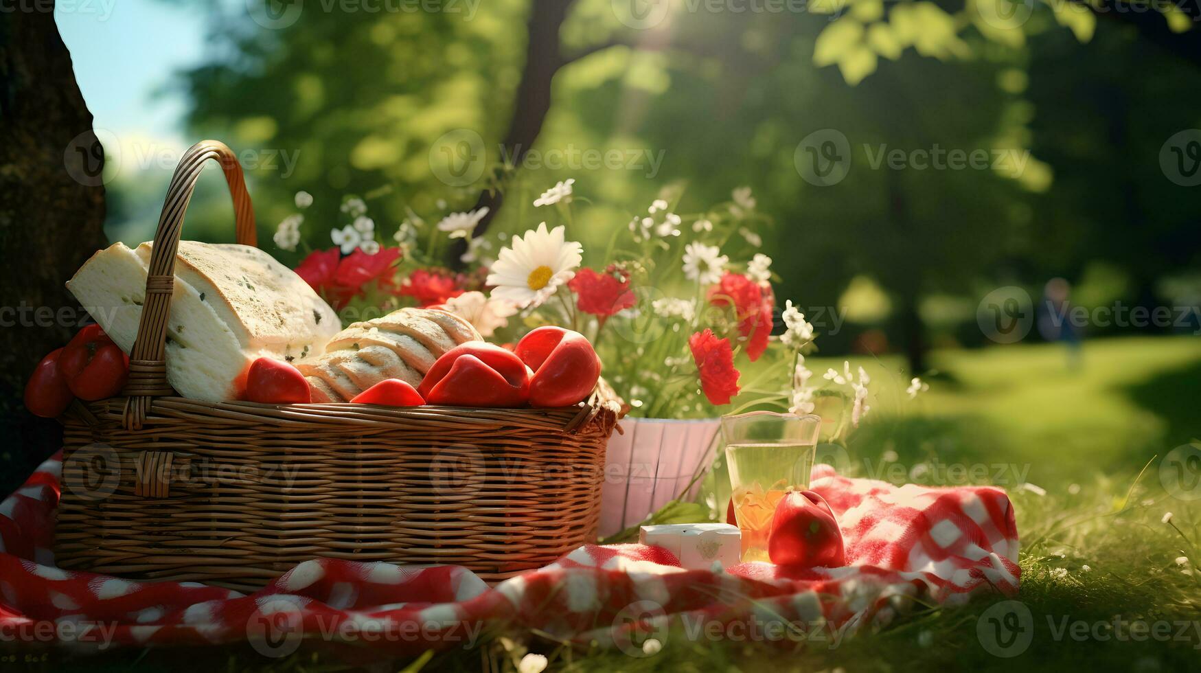 Picknick Korb mit brot, Wein und Blumen auf Grün Gras im Park ai generiert foto