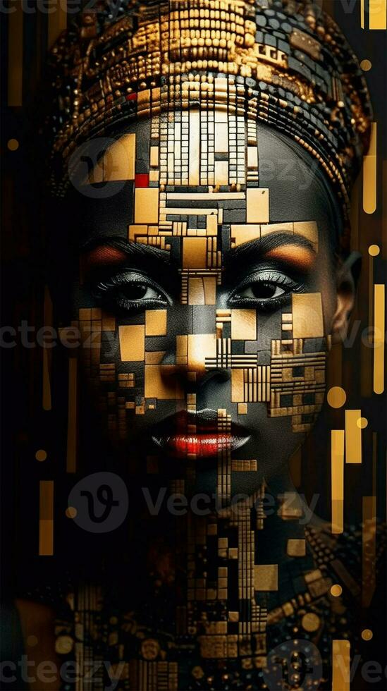 das Kunst von verschönern das Körper. afrikanisch amerikanisch Schönheit mit Grafik golden Muster auf ihr Gesicht und Körper. Körper Gemälde mit ethnisch Motive und ornament.banner oder Poster foto