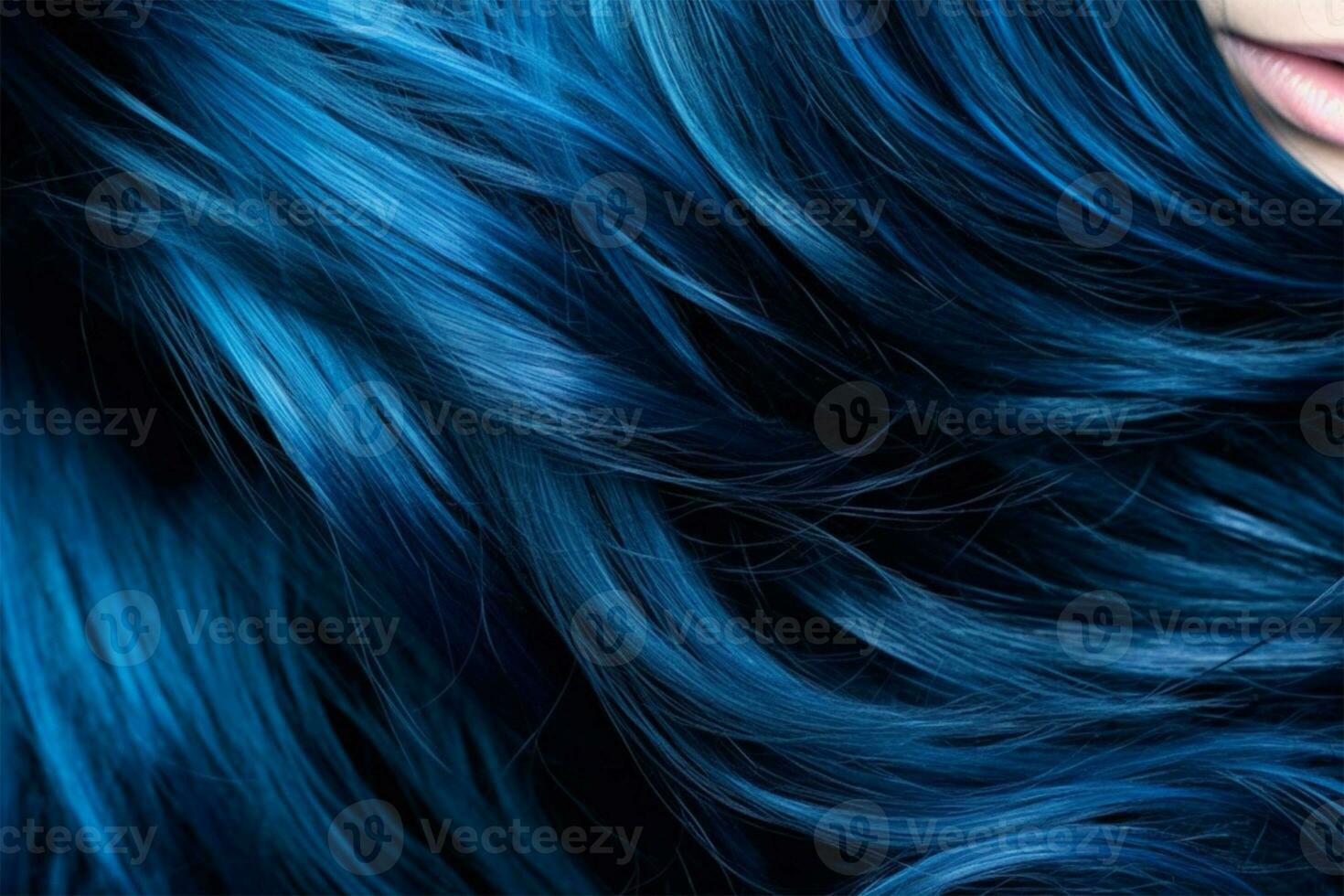 Nahansicht von ein Frisur Element mit extrem Blau Haar Farbe. Banner oder Poster. Sozial Medien Inhalt zum Schönheit Salons. foto