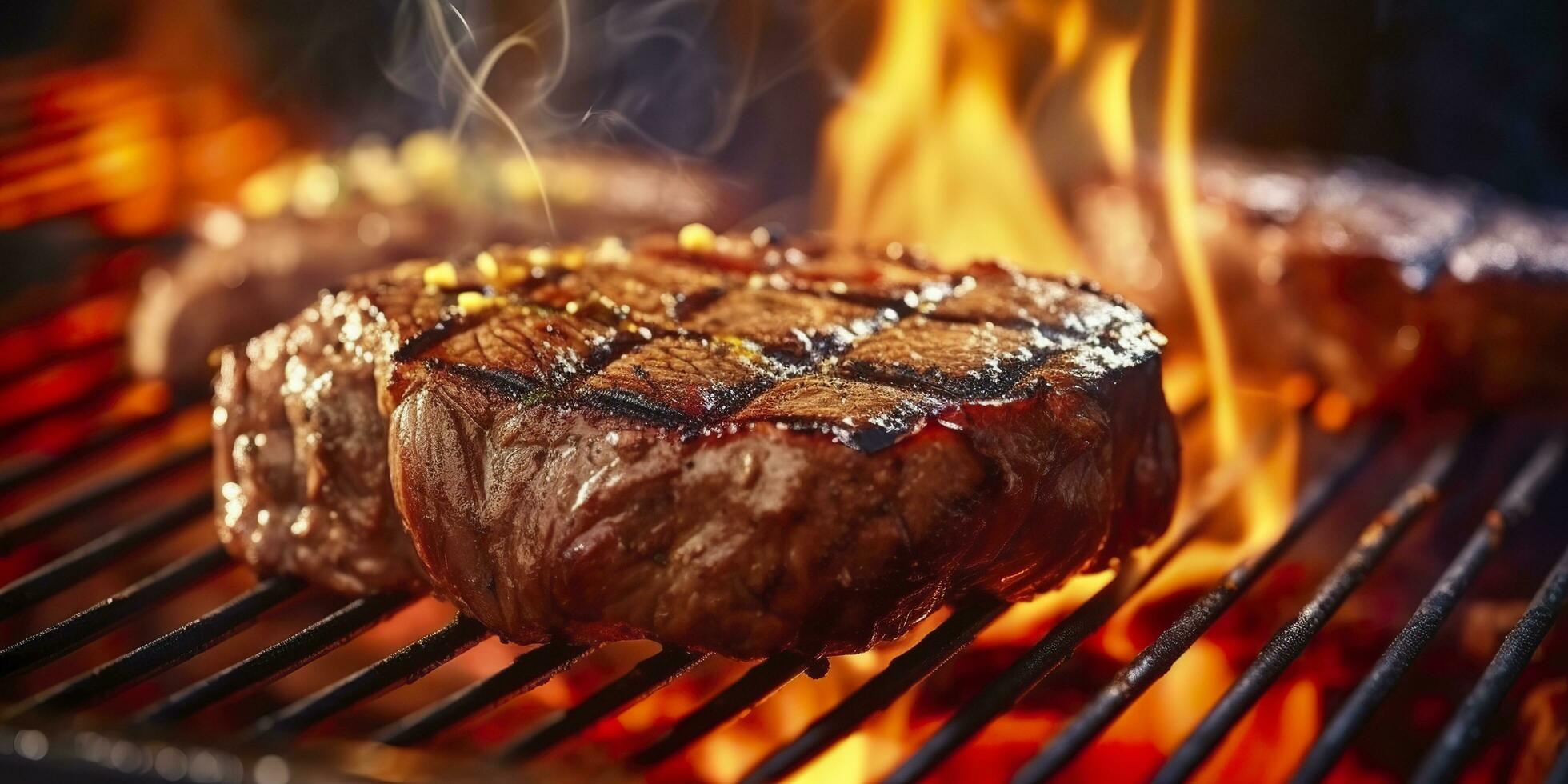 Rindfleisch Rippenstück Steak Grillen auf ein flammend Grill. generativ ai foto