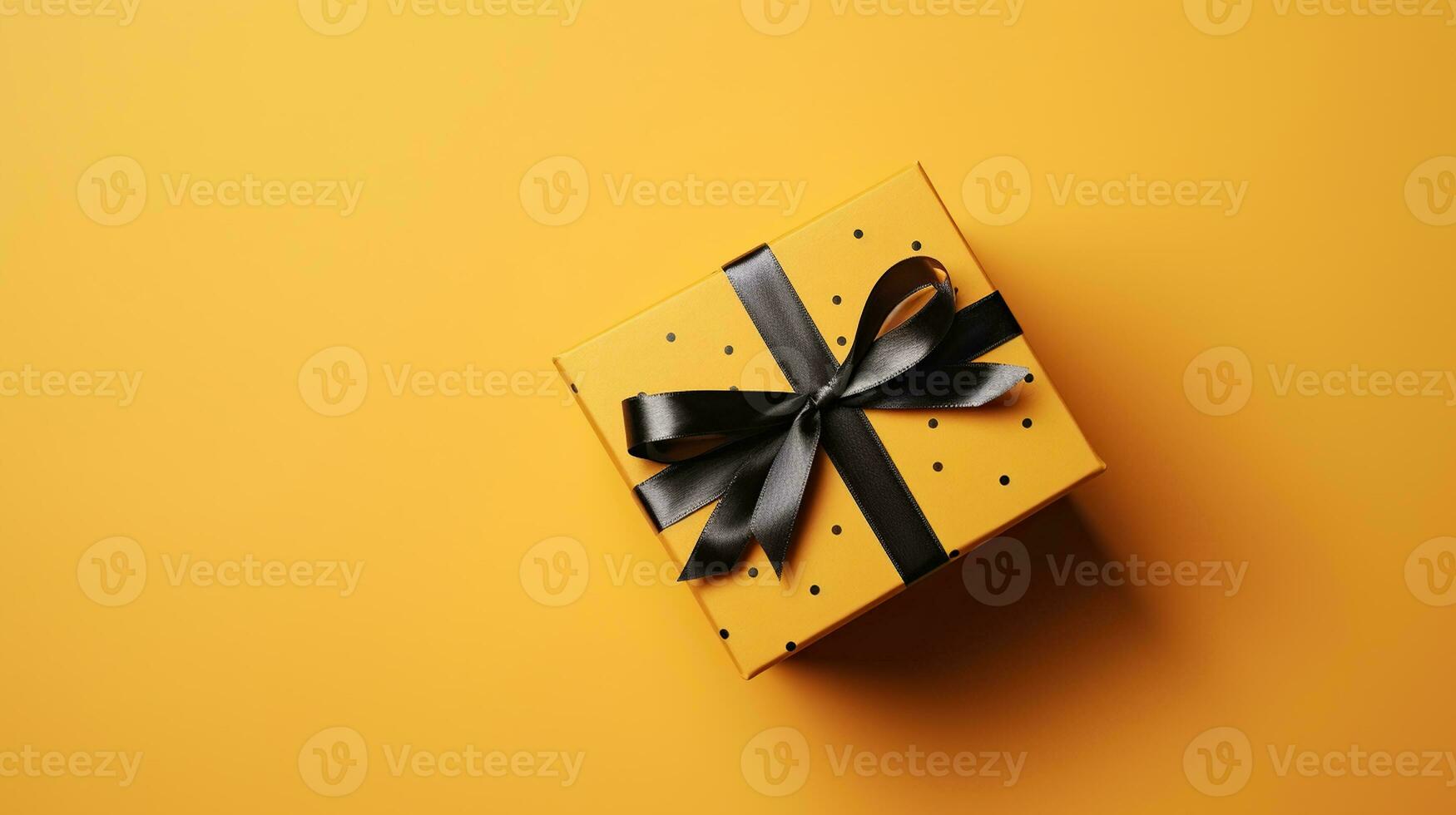 Geschenk Box mit golden Satin- Band und Bogen auf Gelb Hintergrund. Urlaub Geschenk mit Kopieren Raum. Geburtstag oder Weihnachten gegenwärtig, eben legen, oben Sicht. Weihnachten Geschenk Box Konzept. generativ ai foto