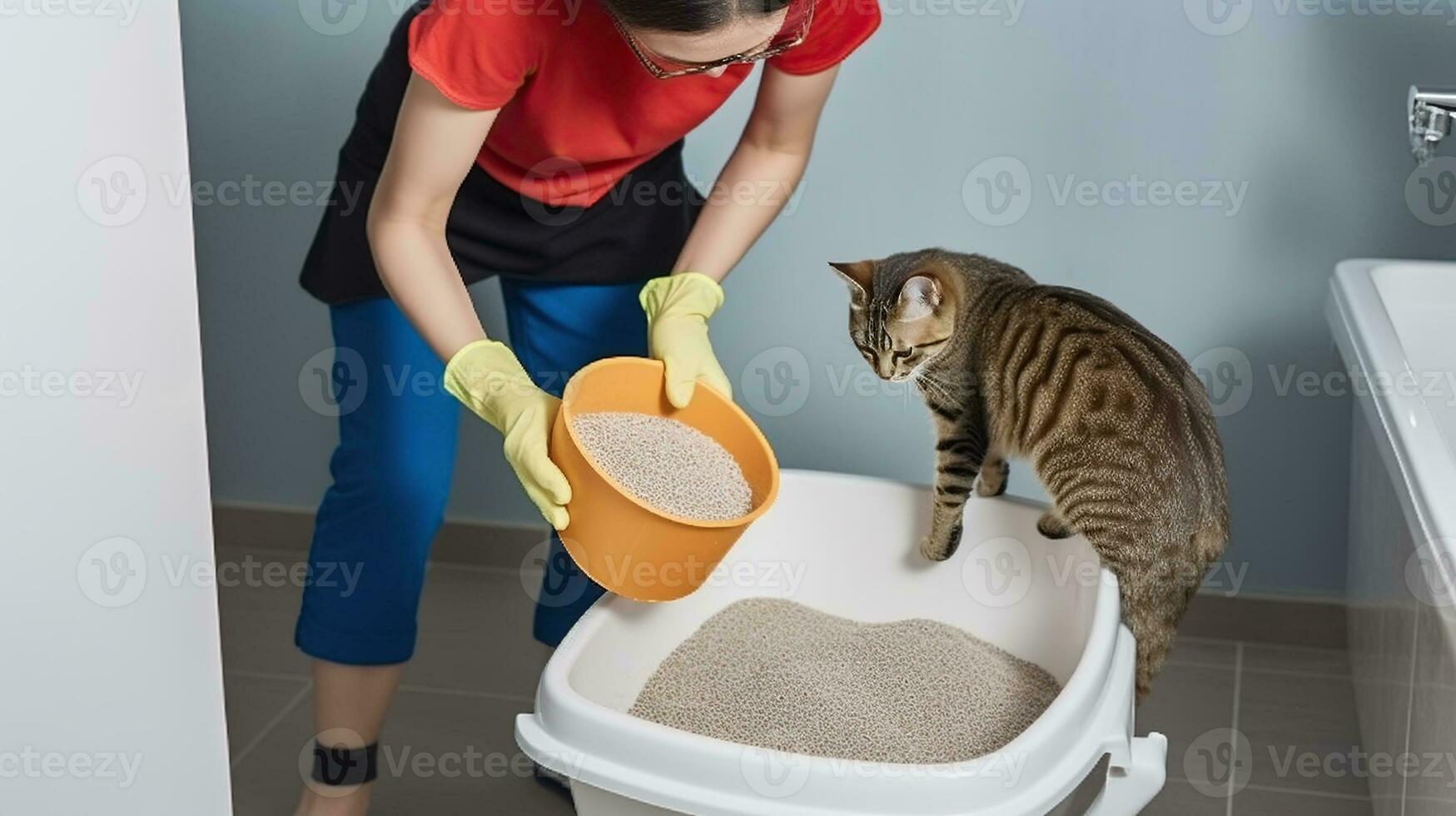 Frau Reinigung Katze Toilette mit ein Besondere Scoop. generativ ai foto