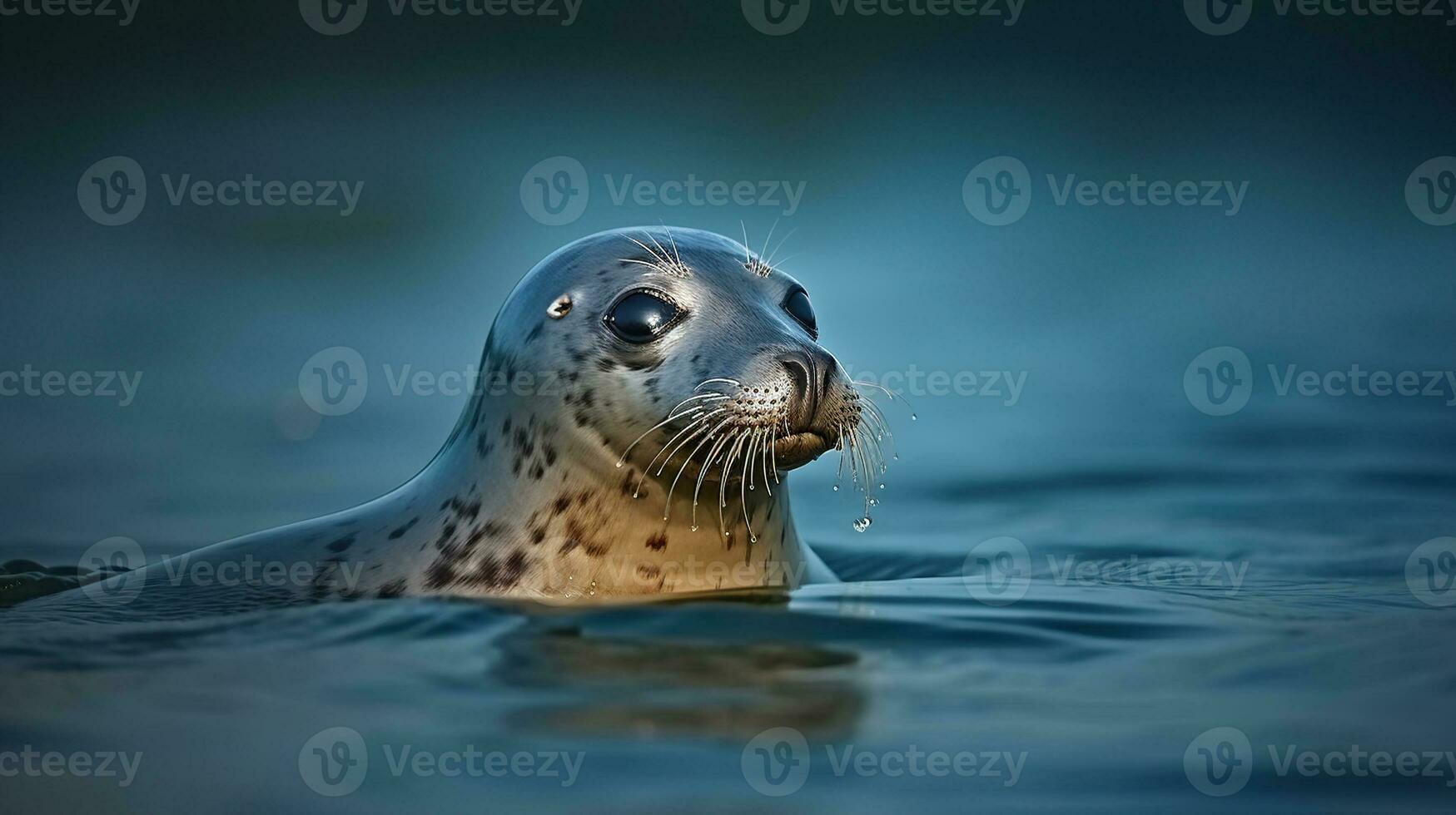 atlantisch grau Siegel, halichoerus Grypus, Tier Schwimmen im das Ozean Wellen, Porträt im das dunkel Blau Wasser mit Morgen Licht, generativ ai foto