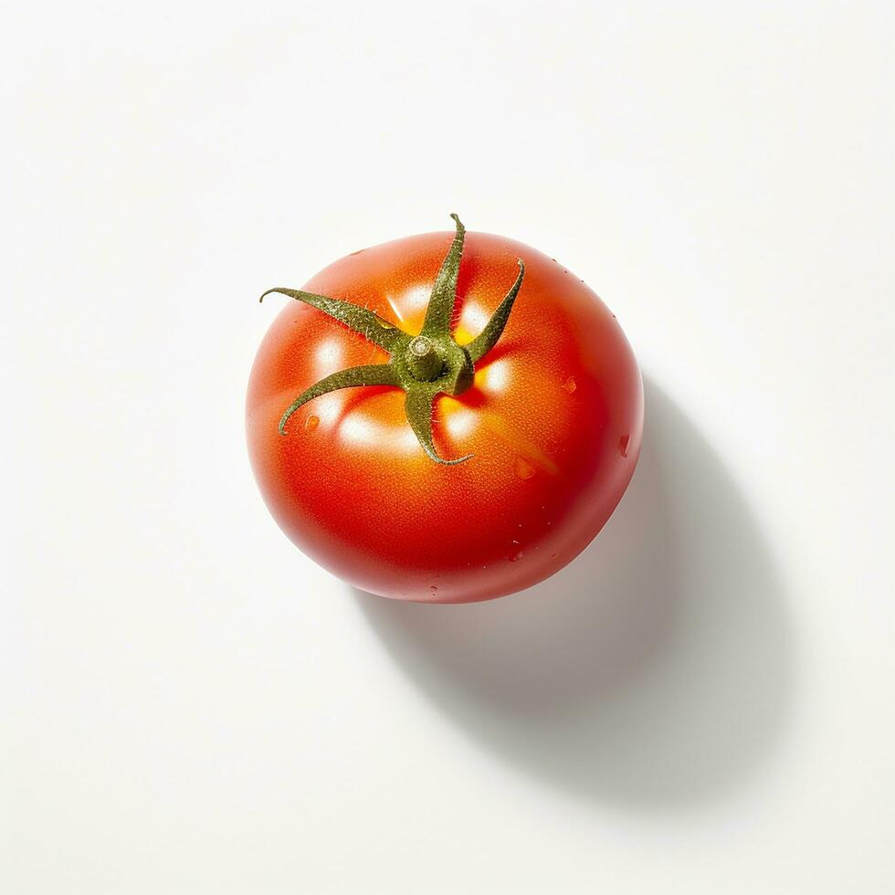 schön klein rot Tomate Overhead Aussicht Beleuchtung Projektion Weiß Hintergrund ai generiert Bild foto