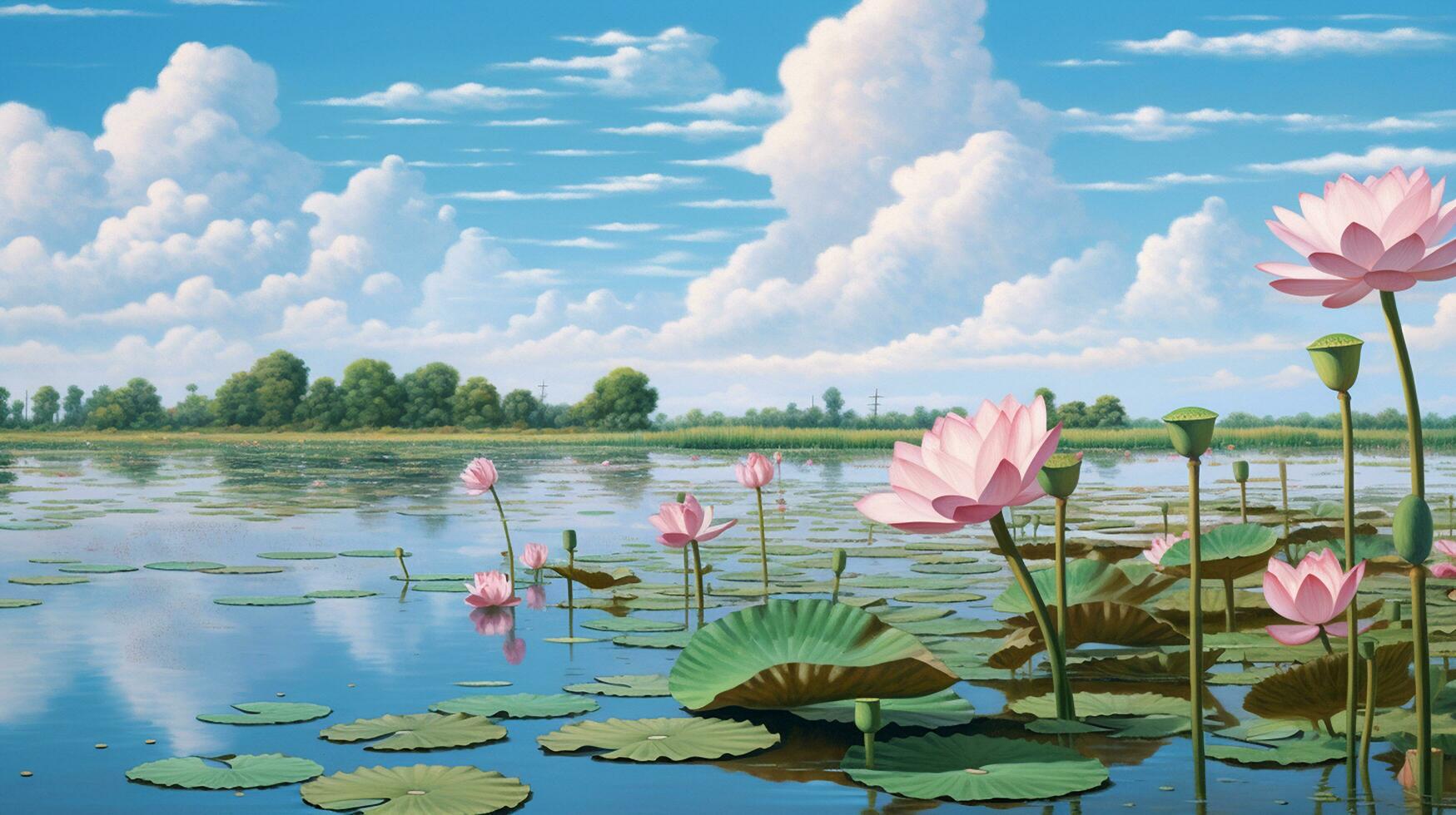 Brise Blau Himmel Weiß Wolken Teich Lotus Blume Fotografie ai generiert Bild foto