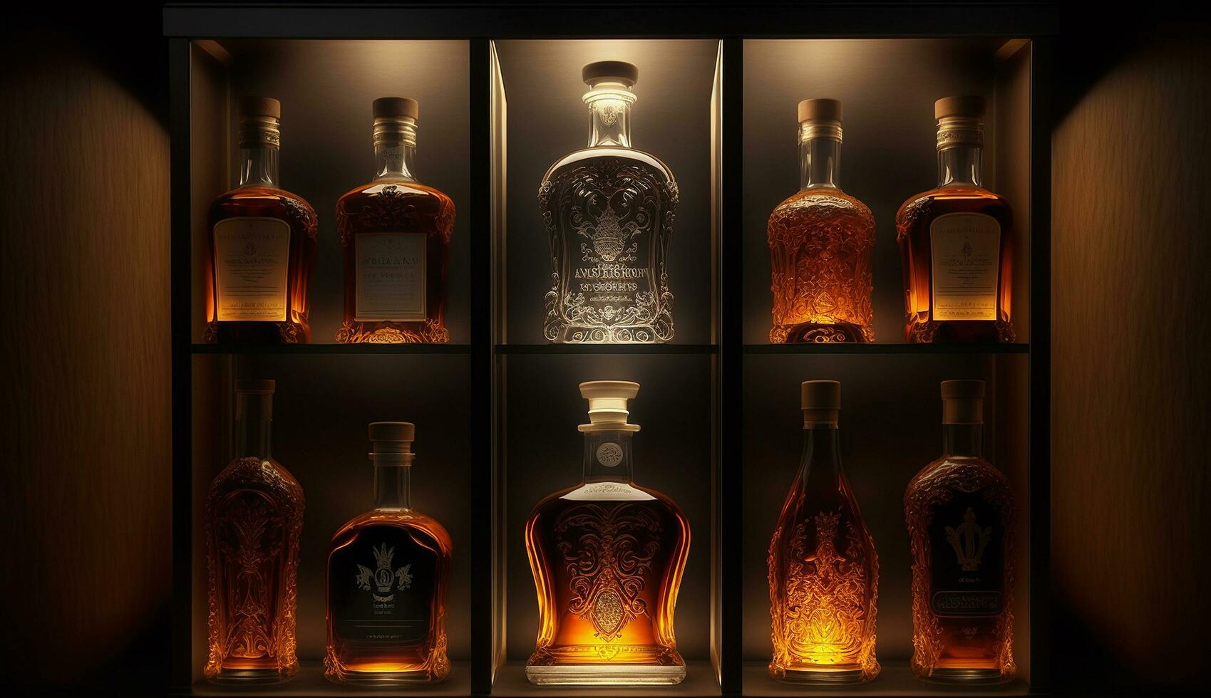 ein luxuriös Bourbon Regal gefüllt mit Selten Jahrgang Flaschen jeder mit ein einzigartig Etikette ai generiert Bild foto