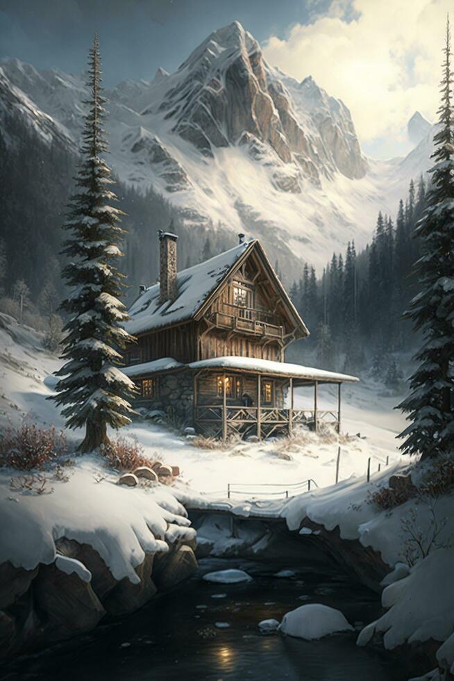 schön Winter Hütte im ein atemberaubend alpin Landschaft Winter Landschaft ai generiert Foto