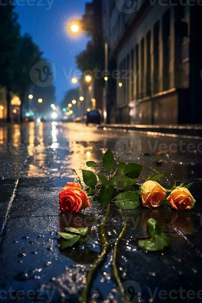 Stadt Nacht Regen Straße nass durch Regen Straße Beleuchtung ein wenige Rose ai generiert Bild foto