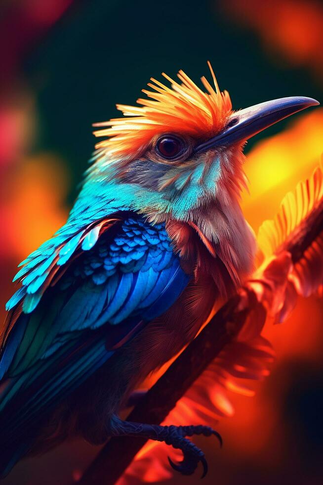 ein Vogel Makro Tierwelt Foto Neon- Farbe Fotografie ai generiert Bild