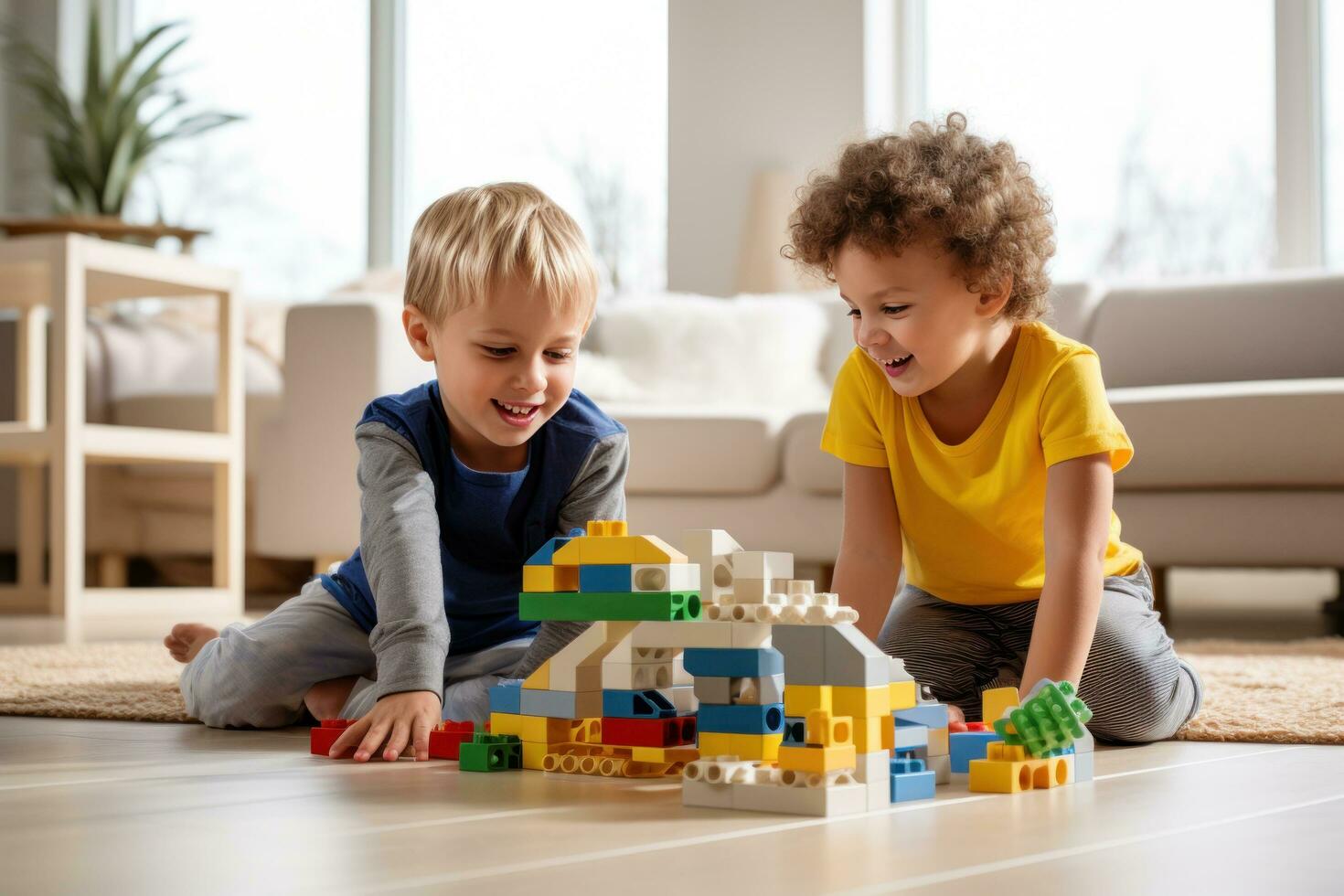 Kind spielen mit hölzern Blöcke im das Familie Zimmer foto