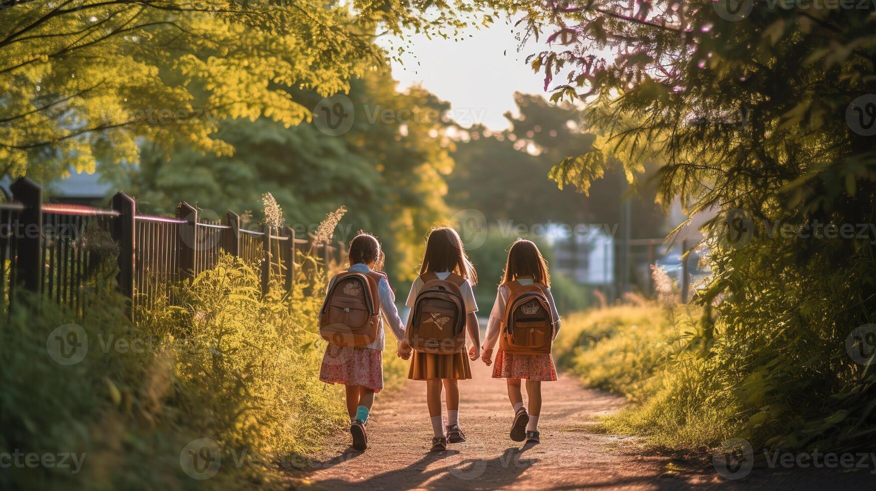 zwei jung Mädchen mit Rucksack Gehen Nieder ein Pfad halten Hände ai generativ foto