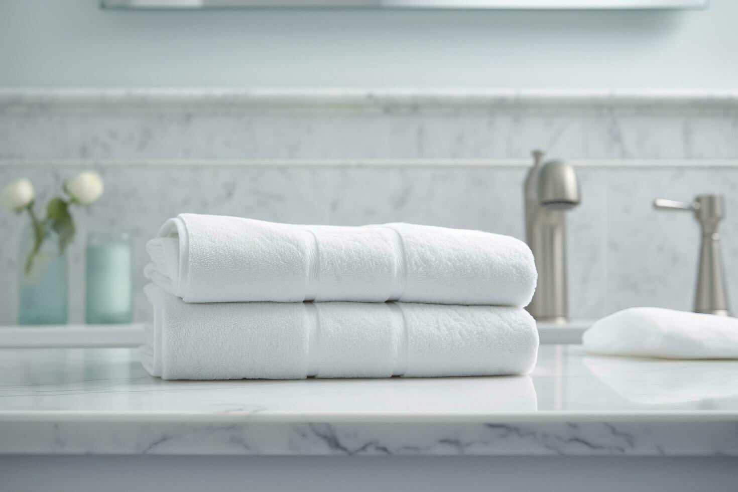 das Welt am weichsten Handtücher gegen ein minimalistisch Hintergrund. gestapelt Weiß Handtücher sitzen auf oben von ein Seife Gericht im ein Badezimmer. ai generativ foto