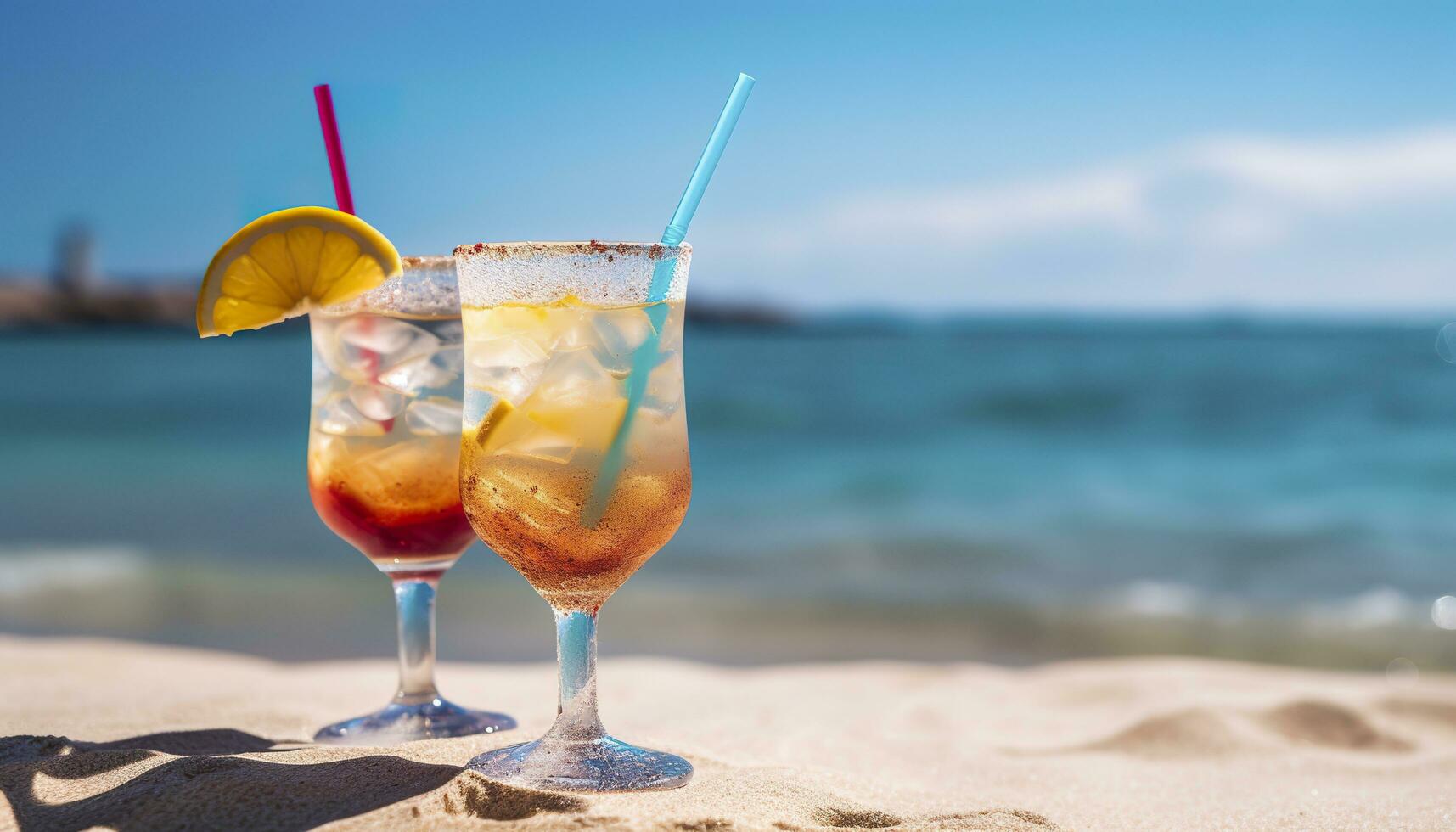 Cocktail Glas auf das sandig Strand in der Nähe von das Meer im Sommer- Zeit. generativ ai foto