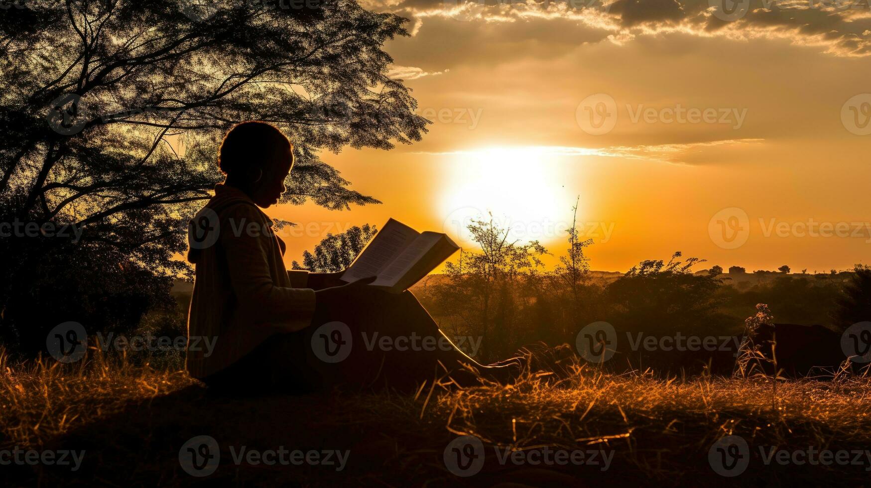 ein Silhouette von ein Person lesen ein Buch ai generativ foto