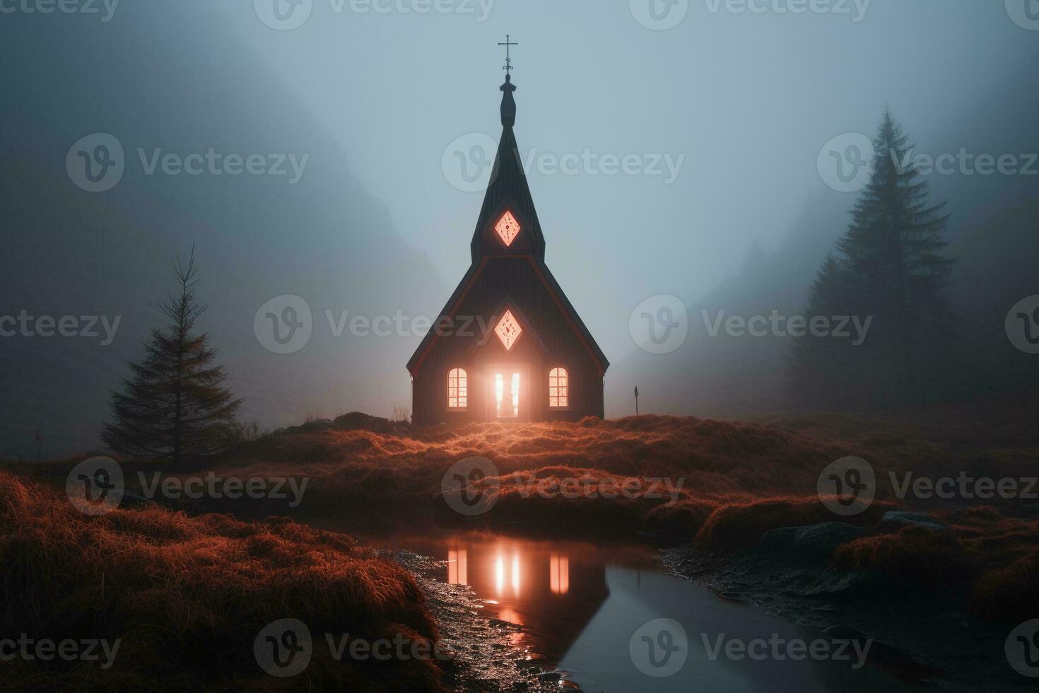 Fachmann Landschaft Fotografie im das mystisch Nebel Landschaft mit ein Kirche. ai generativ foto