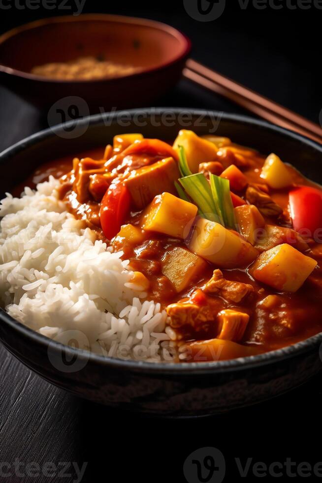 ein Curry Reis mit verwischen Hintergrund ai generativ foto