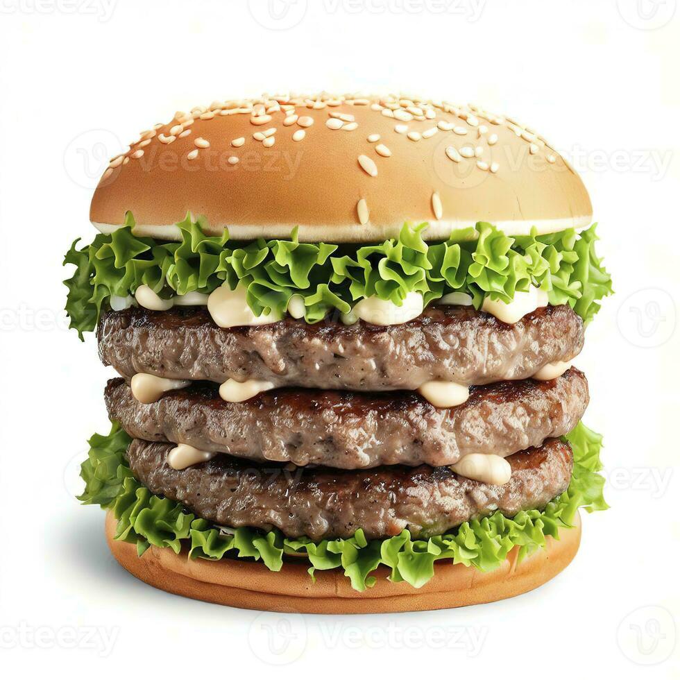 doppelt Hamburger isoliert auf Weiß Hintergrund frisch Burger schnell Essen mit Rindfleisch und Sahne Käse. ai generativ foto