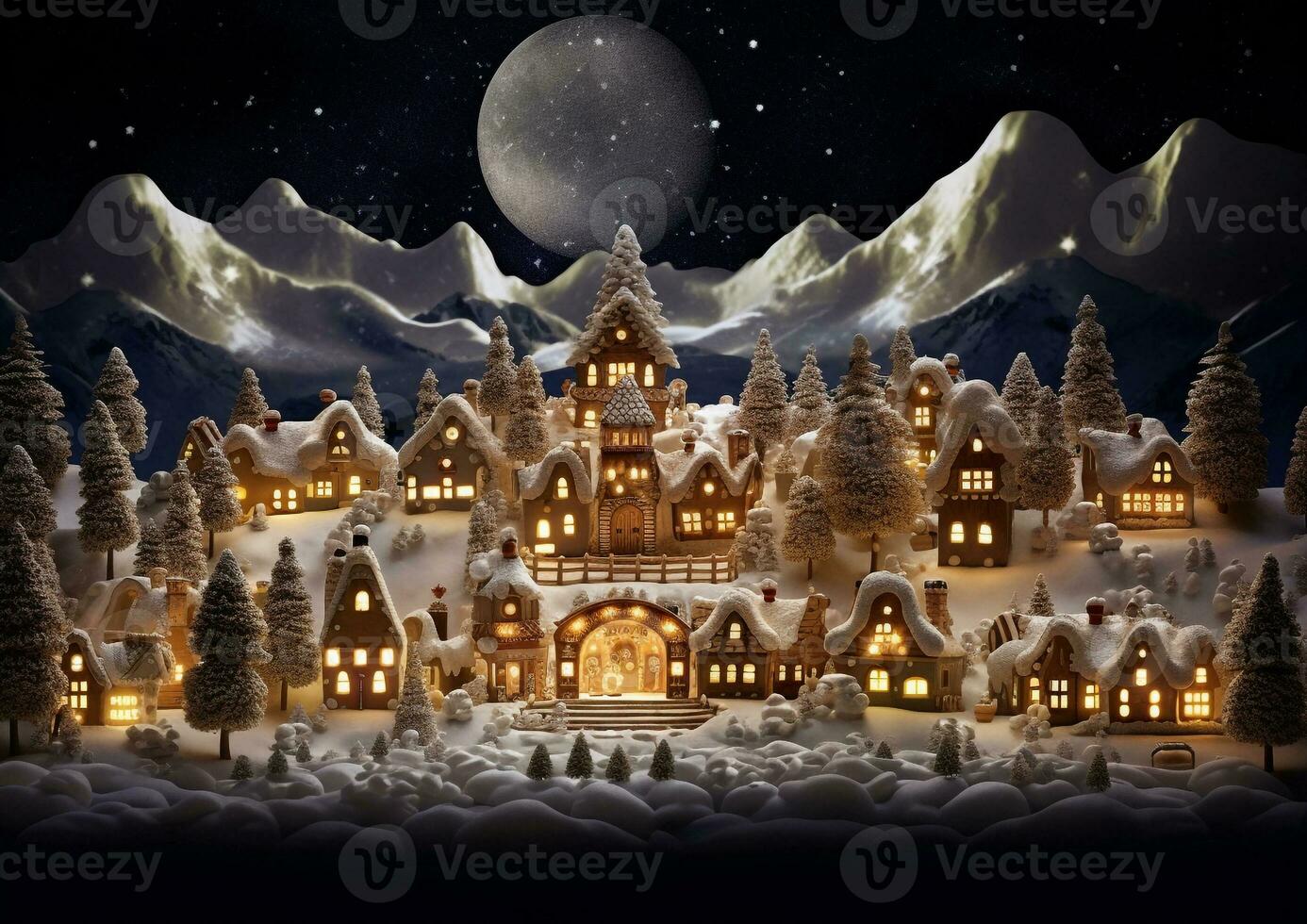 ein Lebkuchen Dorf beim Nacht das Dorf ist eingebettet im ein Schlucht, Weihnachten Bild, fotorealistisch Illustration foto