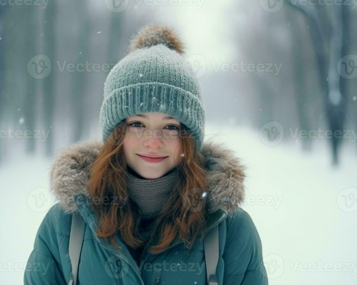 ein Mädchen tragen Winter Stehen im ein schneebedeckt Umgebung Lager Foto djsheeb, Weihnachten Bild, fotorealistisch Illustration