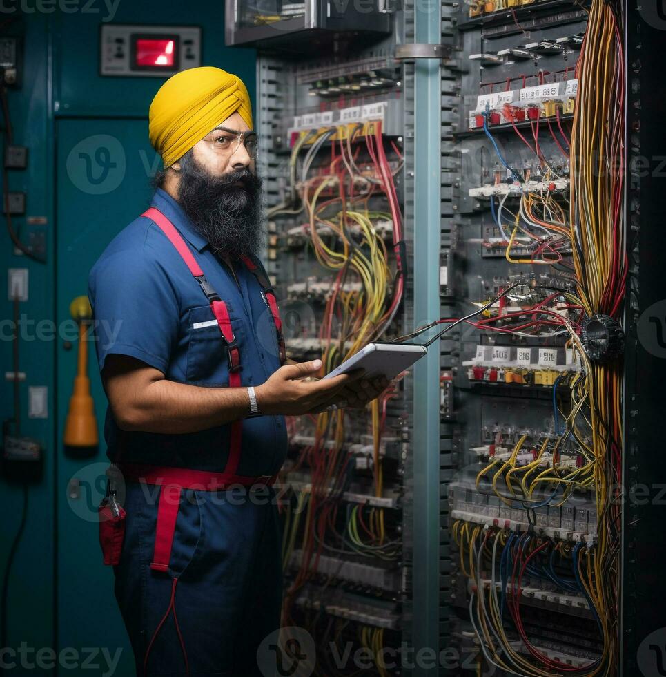 Mann zeigen ein Zwischenablage im Licht von ein elektrisch Ausrüstung, industriell Maschinen Lager Fotos