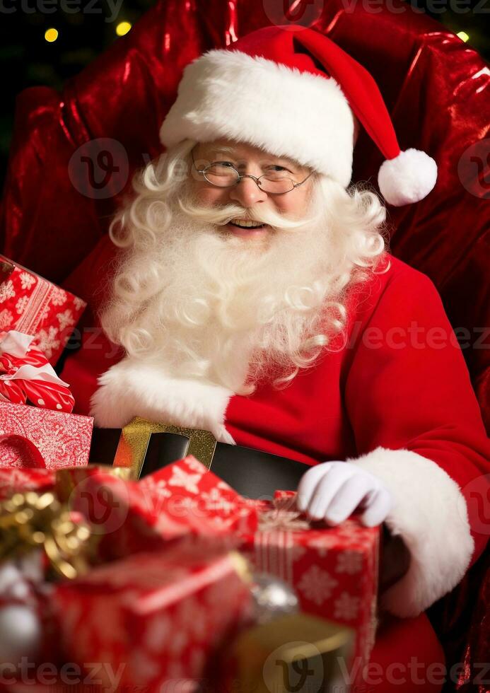 ein schließen oben Porträt von Santa claus Sitzung im seine Schlitten, Weihnachten Bild, fotorealistisch Illustration foto