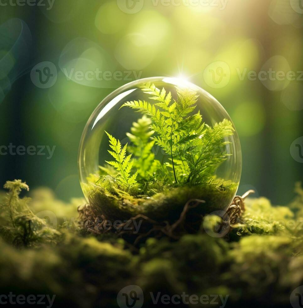 ein Glas Globus enthält ein Grün Pflanze mit Sonnenlicht Kommen durch Es, Natur Lager Foto