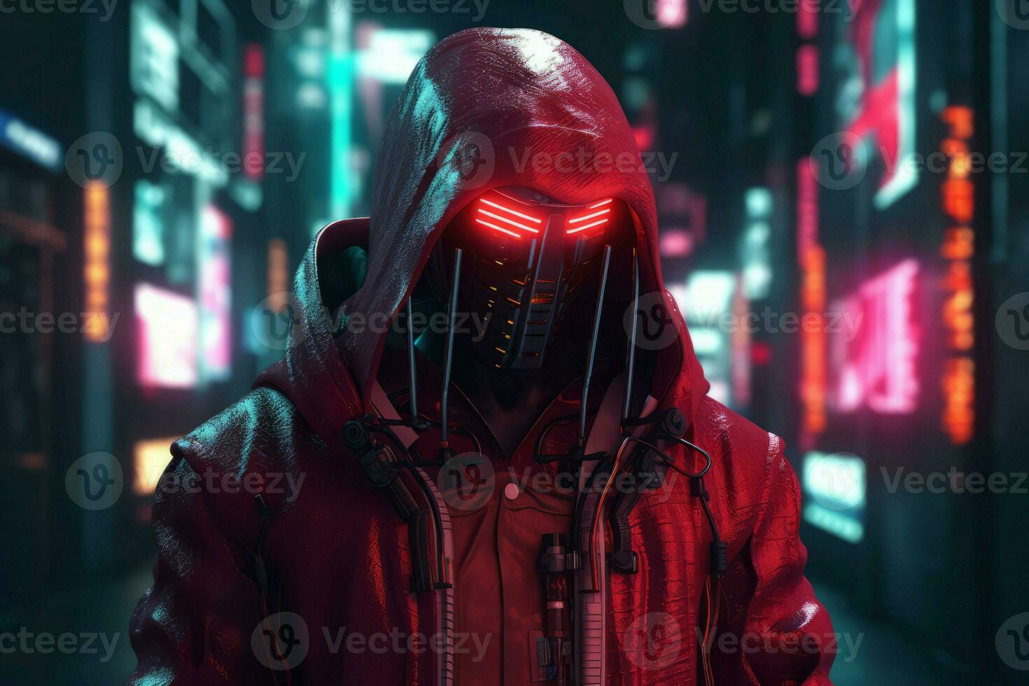 Cyberpunk rot Mann auf Straße. generieren ai foto