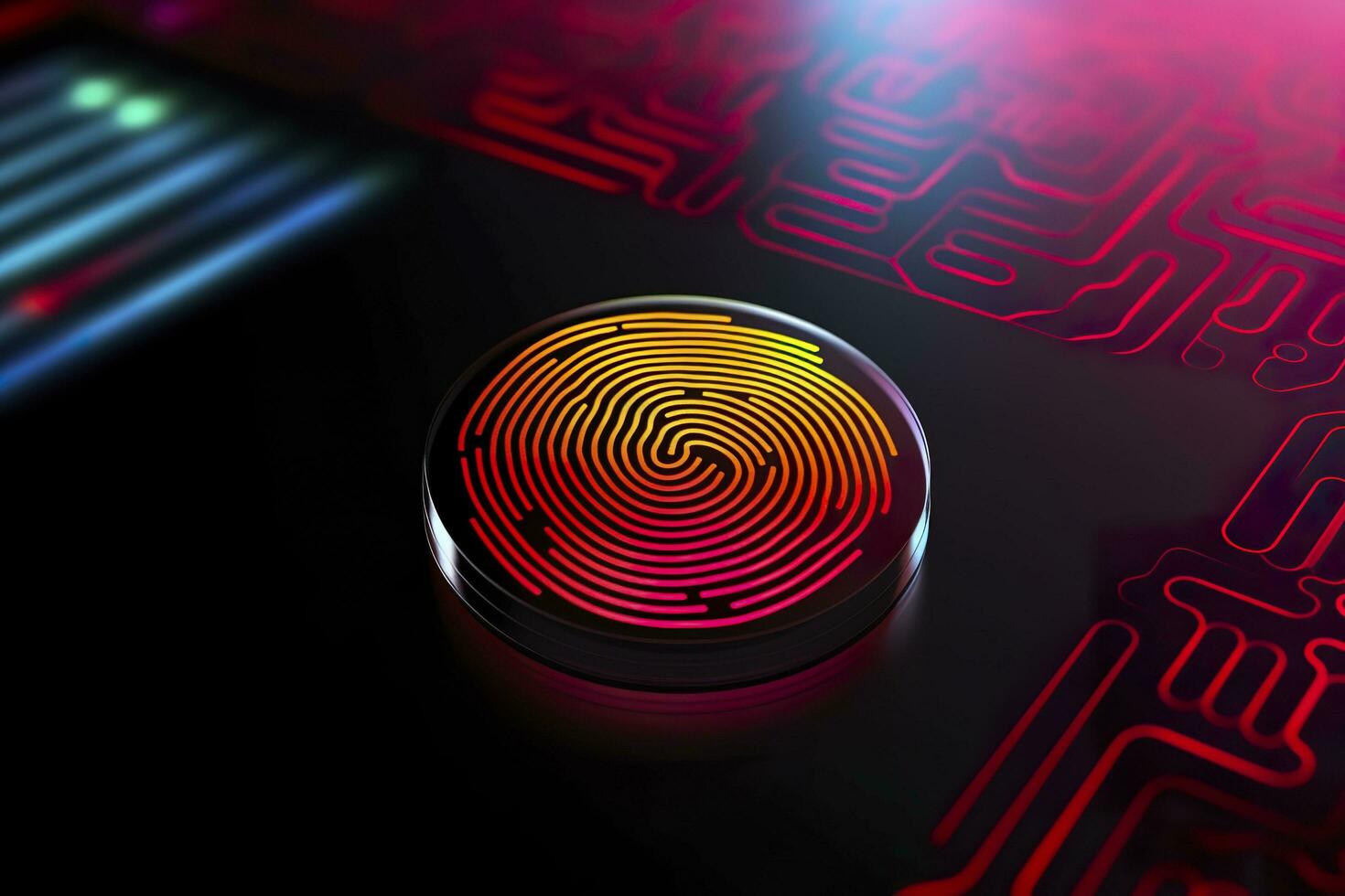 Fingerabdruck Authentifizierung Taste. biometrisch Sicherheit. Identifizierung und Cyber Sicherheit Konzept. glühend Neon- Fingerabdruck auf dunkel Hintergrund. ai generativ foto