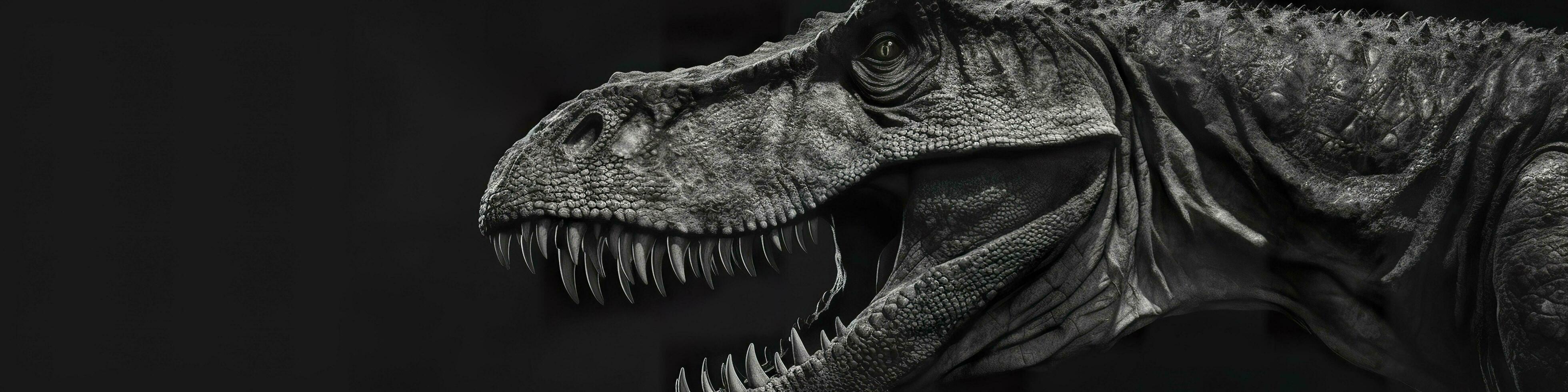 schwarz und Weiß fotorealistisch Studio Porträt von ein Tyrannosaurus rex auf schwarz Hintergrund. generativ ai foto