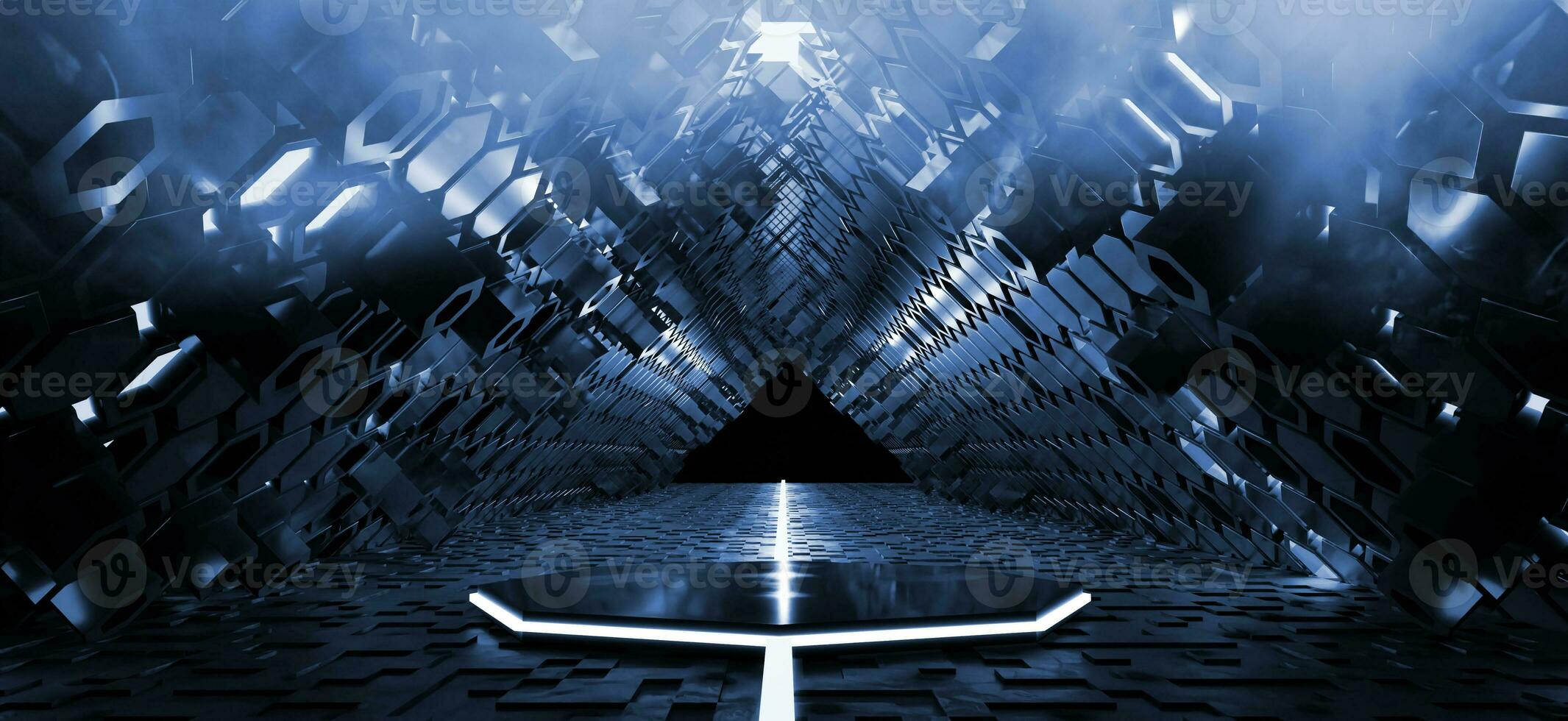 Dreieck Technologie Tunnel Gang auf Raumfahrzeug futuristisch Raum und sci fi Gang Zimmer Vitrine Beleuchtung Strahl Tunnel modern Zukunft Ausstellungsraum Fußboden und Mauer Technologie 3d Hintergrund foto