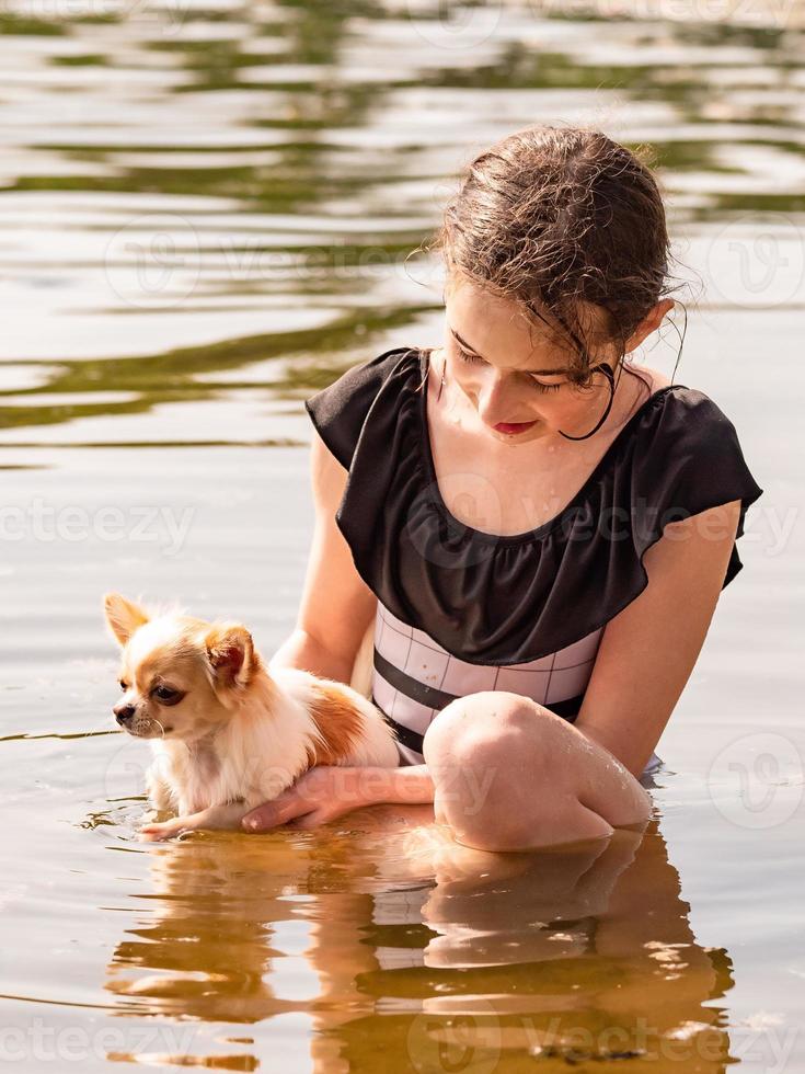 Porträt eines jungen Mädchens mit ihrem Chihuahua. flauschiger Welpe. Mädchen und ein Welpe. Mädchen, Fluss foto