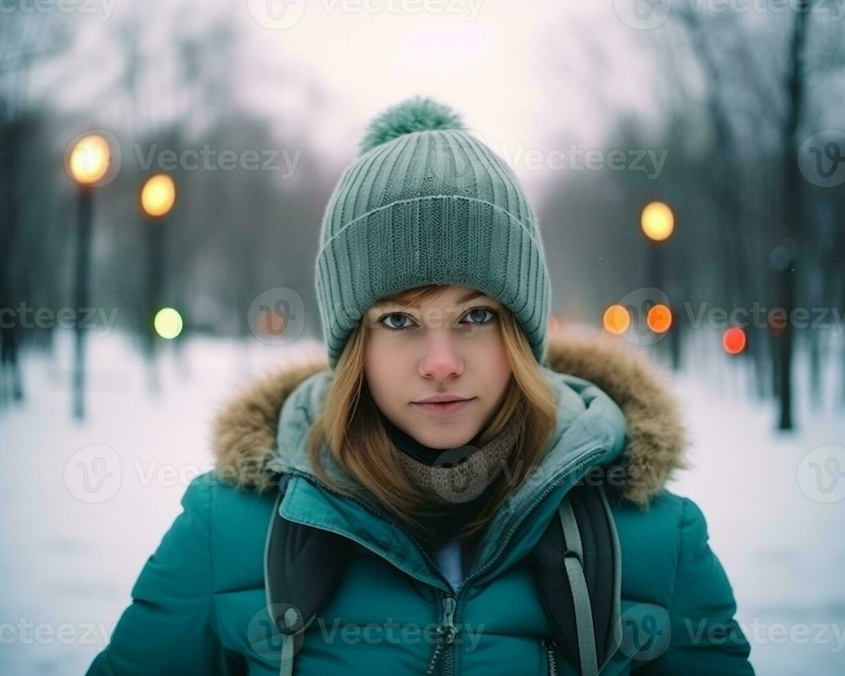 ein Mädchen Stehen im ein Winter Park tragen ein Winter Jacke und ein Deckel Lager Foto djsansino, Weihnachten Bild, fotorealistisch Illustration