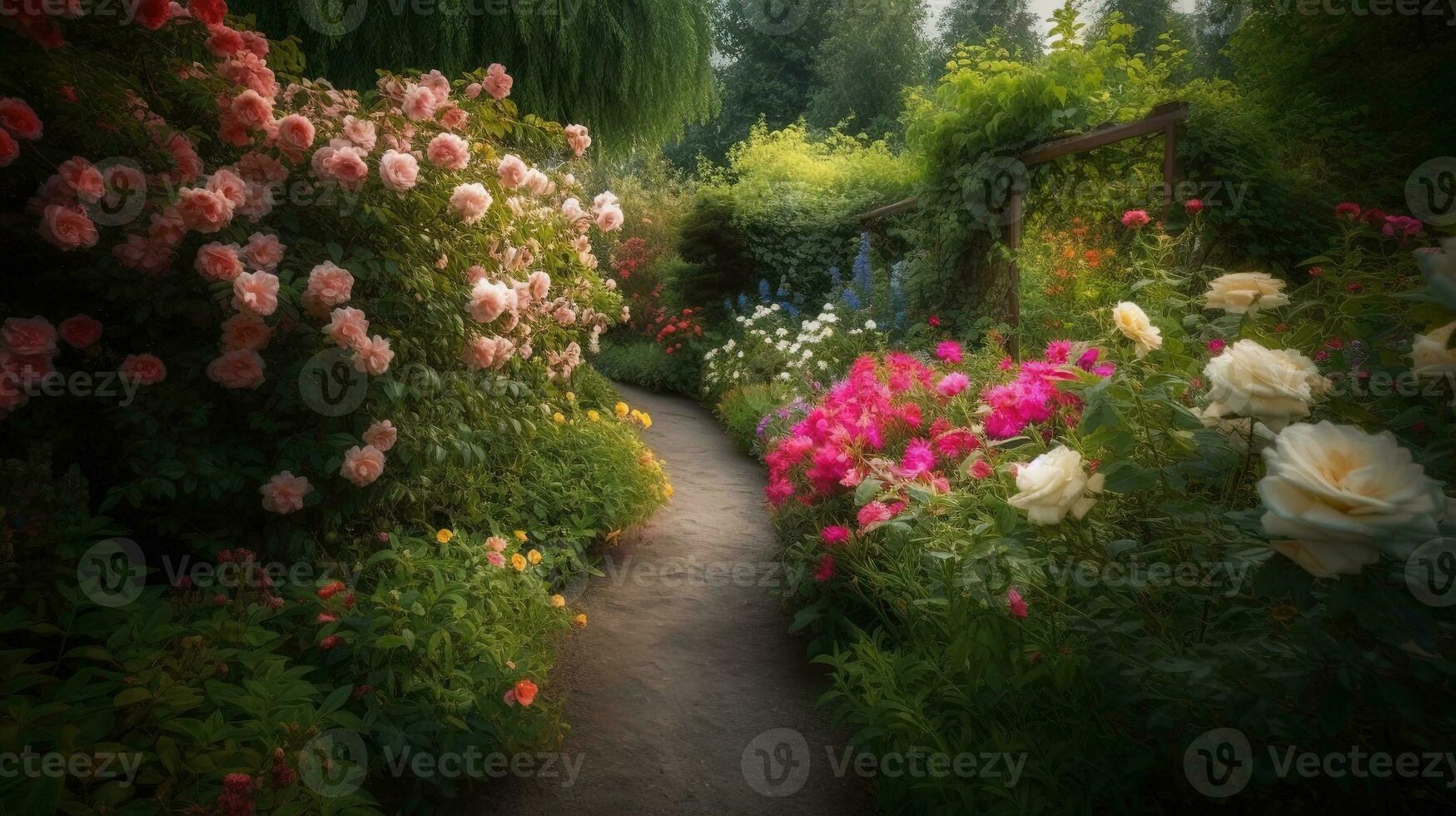 generativ ai, schön Sommer- Privat Garten mit viele Blumen und Pflanzen, Natur Landschaft, Englisch Landschaft Hütte Stil foto