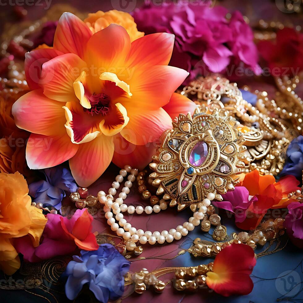 indisch Kultur feiert Schmuck Halsketten mit Blumen und bunt Hintergründe foto