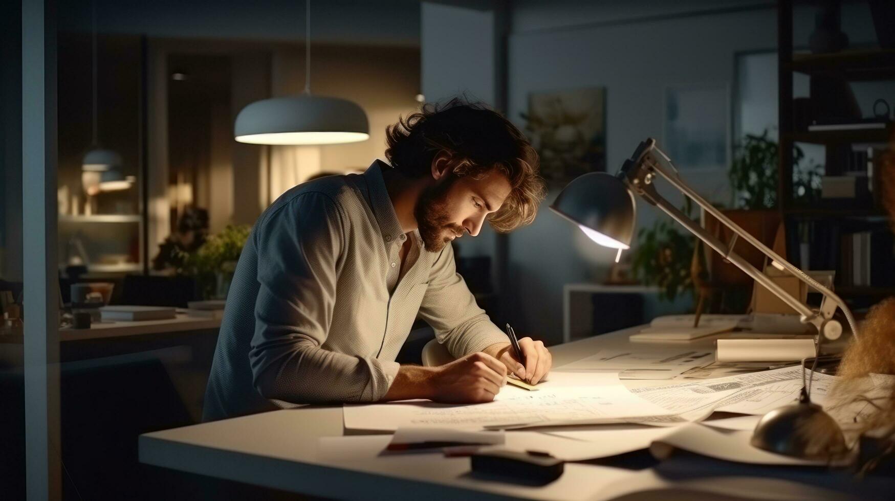 Fachmann Architekt Arbeiten beim das Schreibtisch beim Arbeit foto