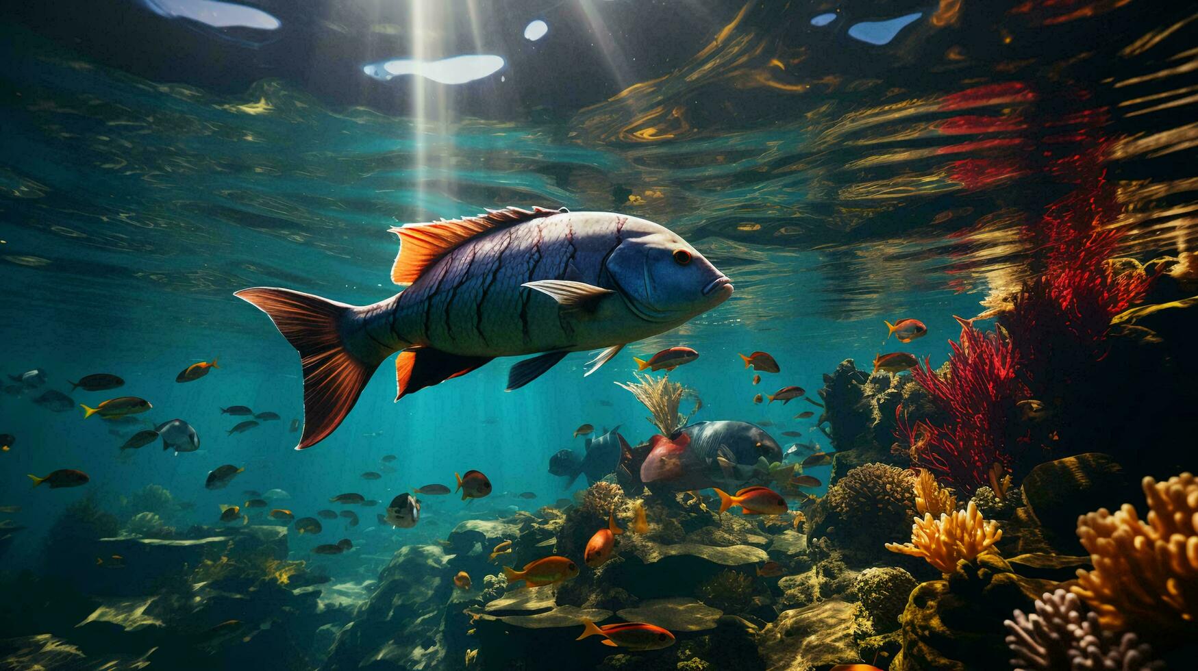 unter Wasser Welt mit Fisch und Korallen. unter Wasser Aussicht von Mari Fische und Pflanzen. ai generiert foto