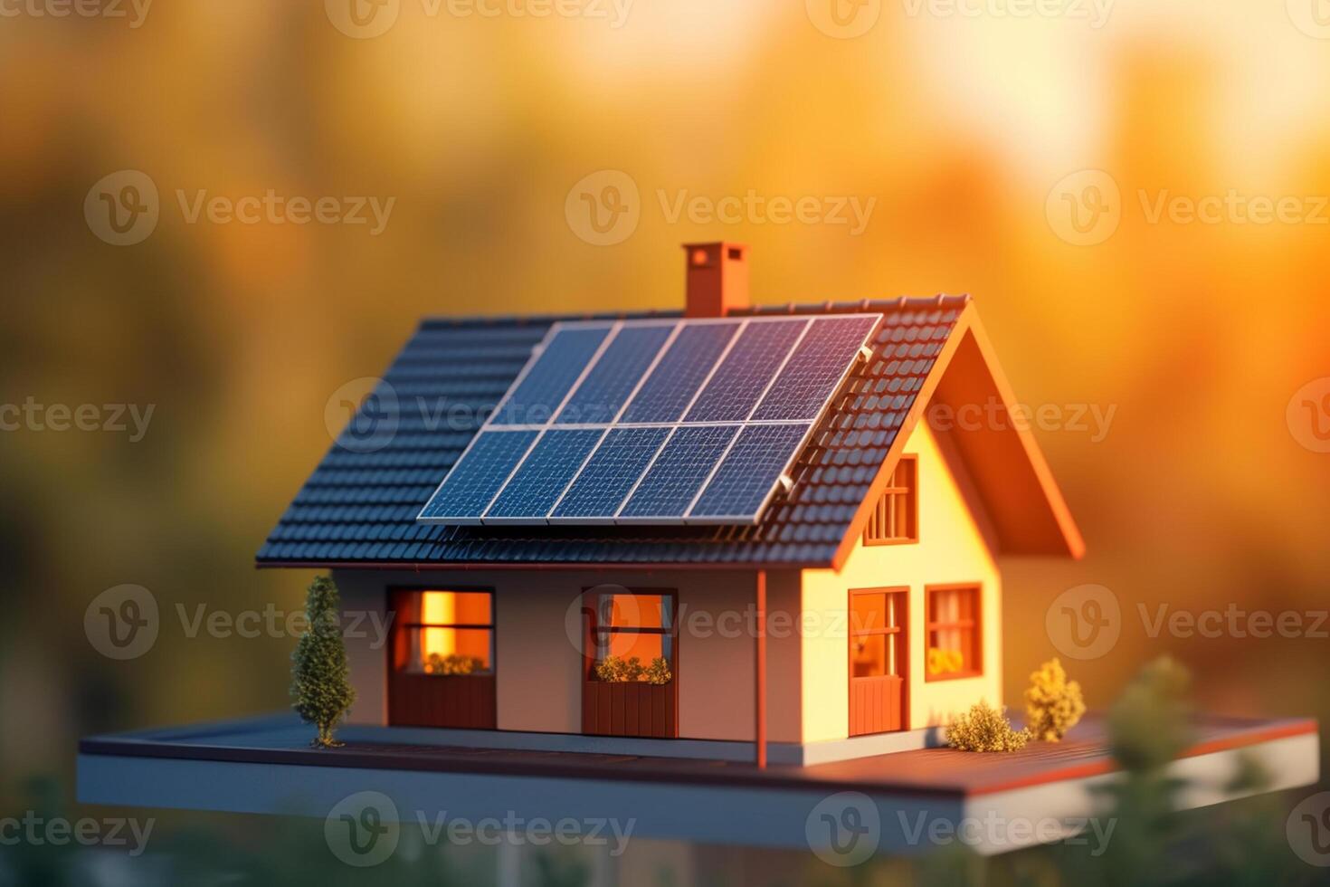 Haus mit Solar- Paneele auf das Dach. Alternative Energie Quelle. 3d Illustration. ai generiert foto