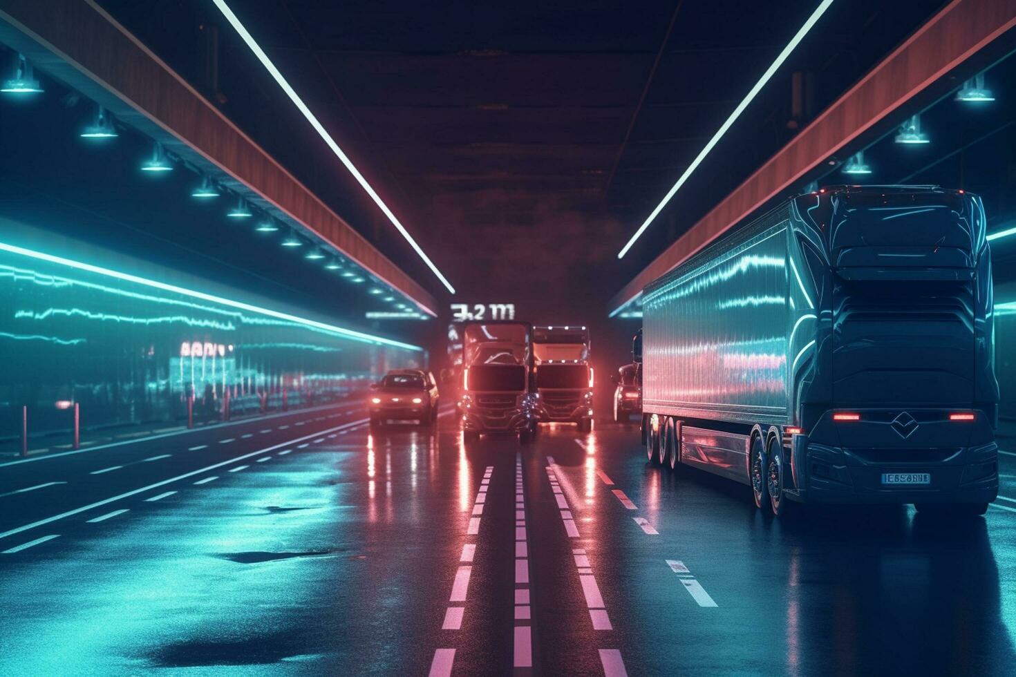 3d Rendern von ein Lieferung van mit Neon- Beleuchtung auf das Straße ai generativ foto