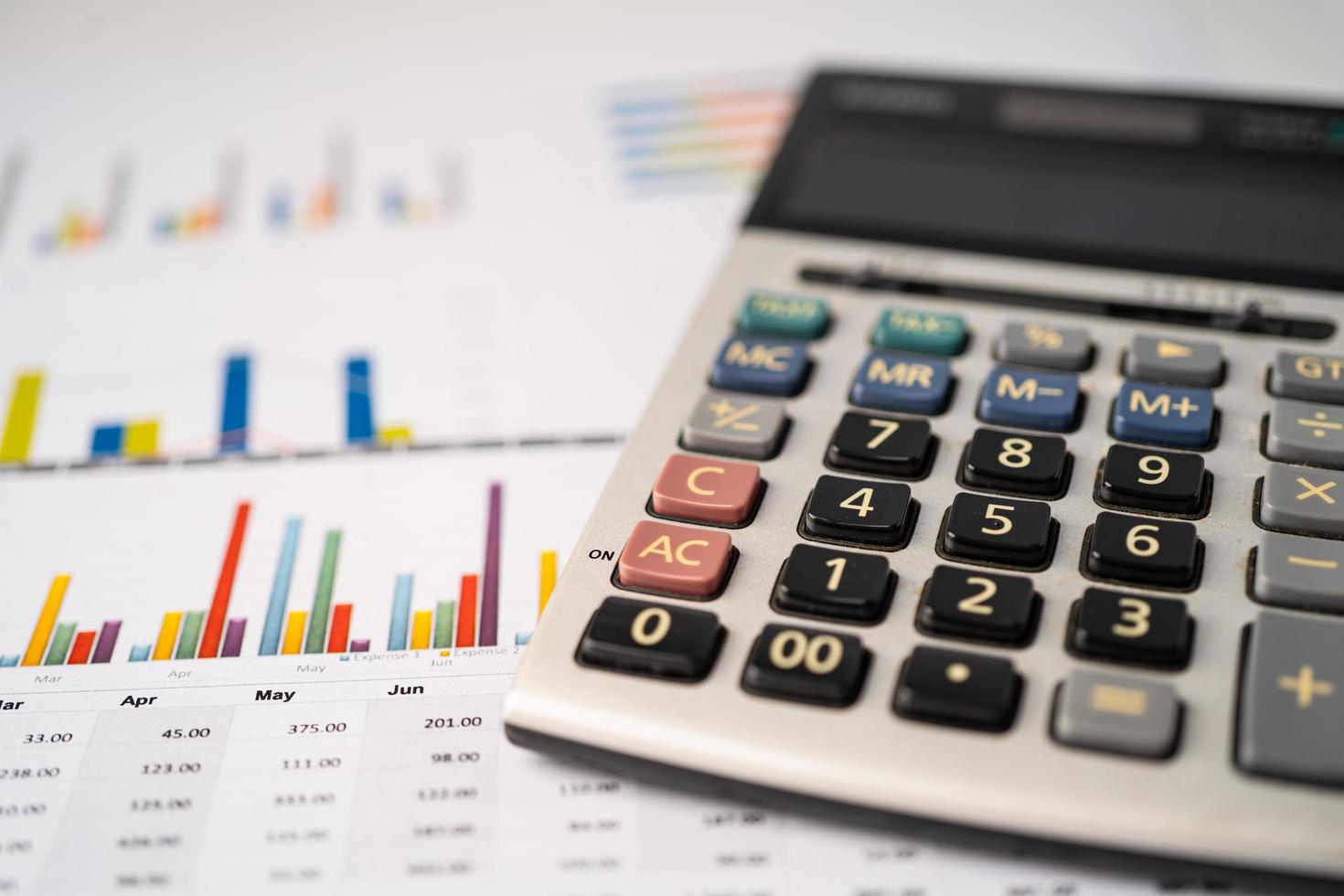 Taschenrechner auf Diagramm- und Diagrammtabellenpapier. Finanzentwicklung, Bankkonto, Statistik, investitionsanalytische Forschungsdatenwirtschaft, Börsenhandel, Geschäftskonzept. foto