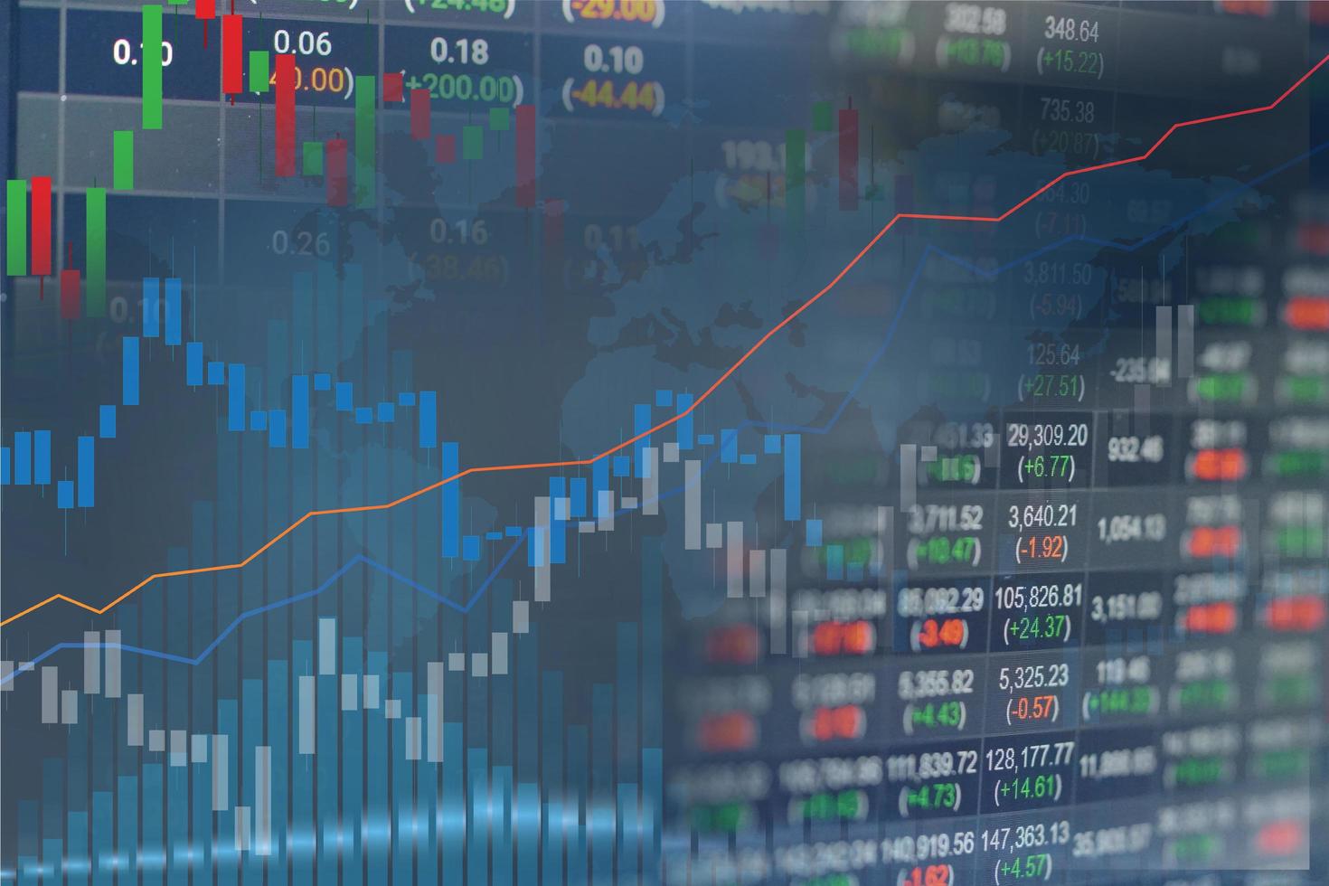 Börseninvestitionshandel mit Finanz-, Münz- und Diagrammdiagrammen oder Forex zur Analyse des Hintergrunds von Geschäftstrenddaten zur Gewinnfinanzierung. foto