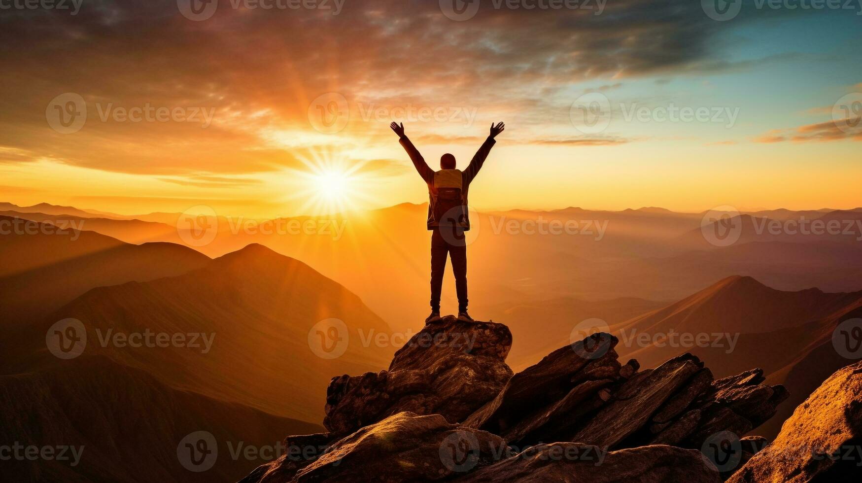 ein Person steht auf ein Bergspitze suchen aus beim das Sicht, mental Gesundheit Bilder, fotorealistisch Illustration foto