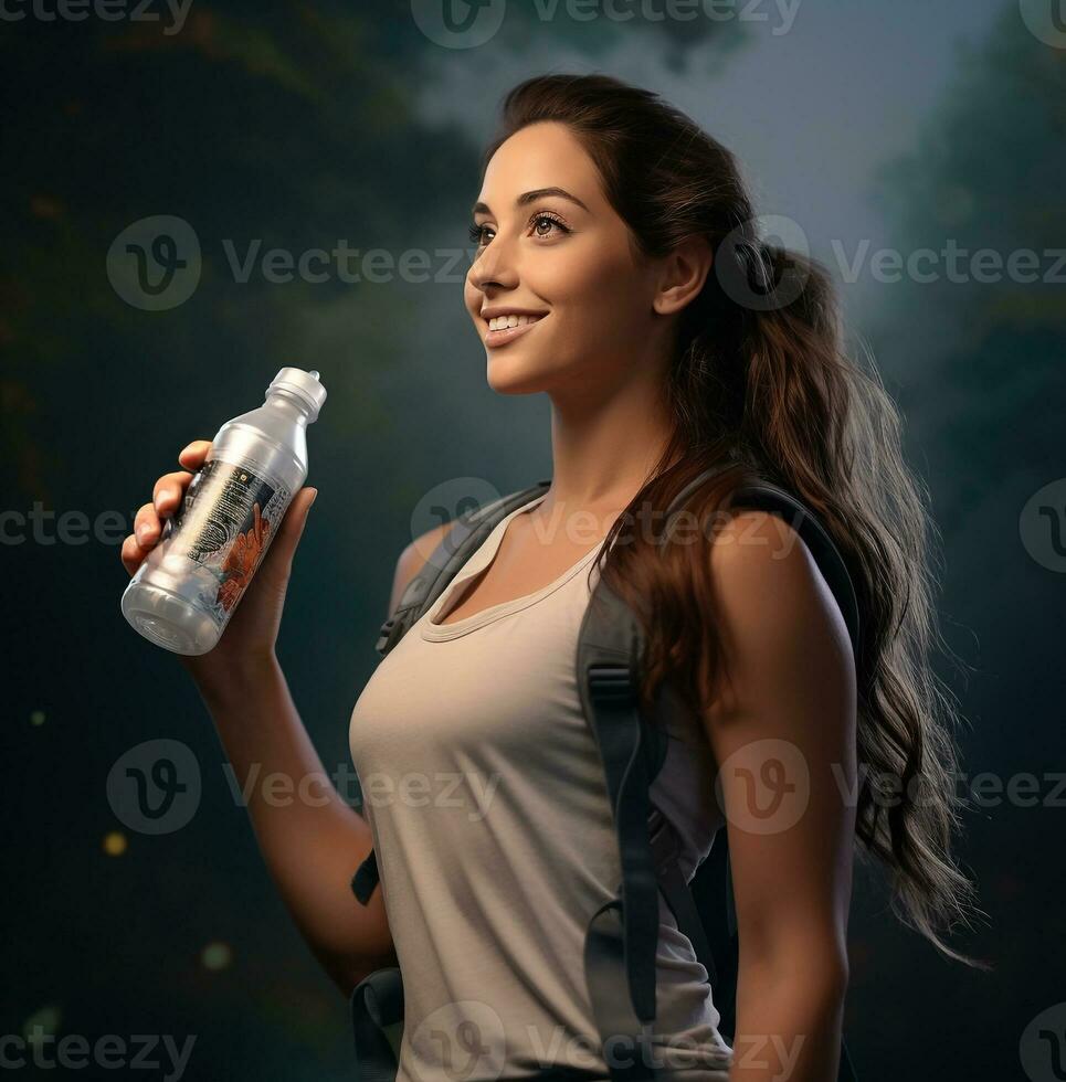 ein Frau mit ein wiederverwendbar Wasser Flasche stattdessen von Einweg Flaschen, Natur Lager Foto