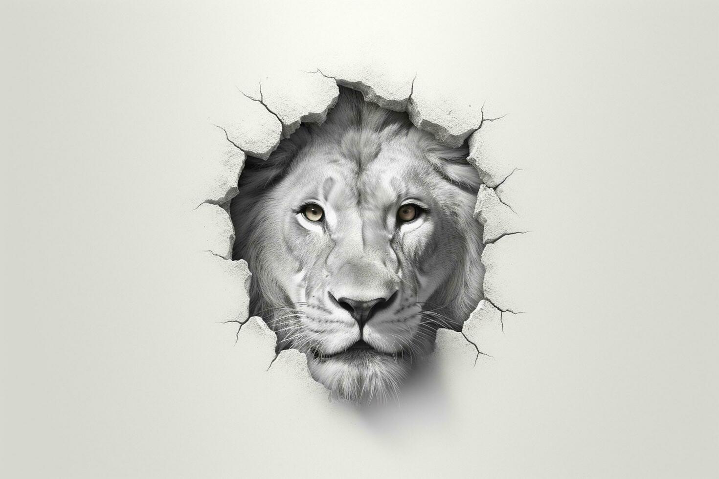 Löwe Kopf durch ein Loch im das Mauer - - schwarz und Weiß ai generativ foto