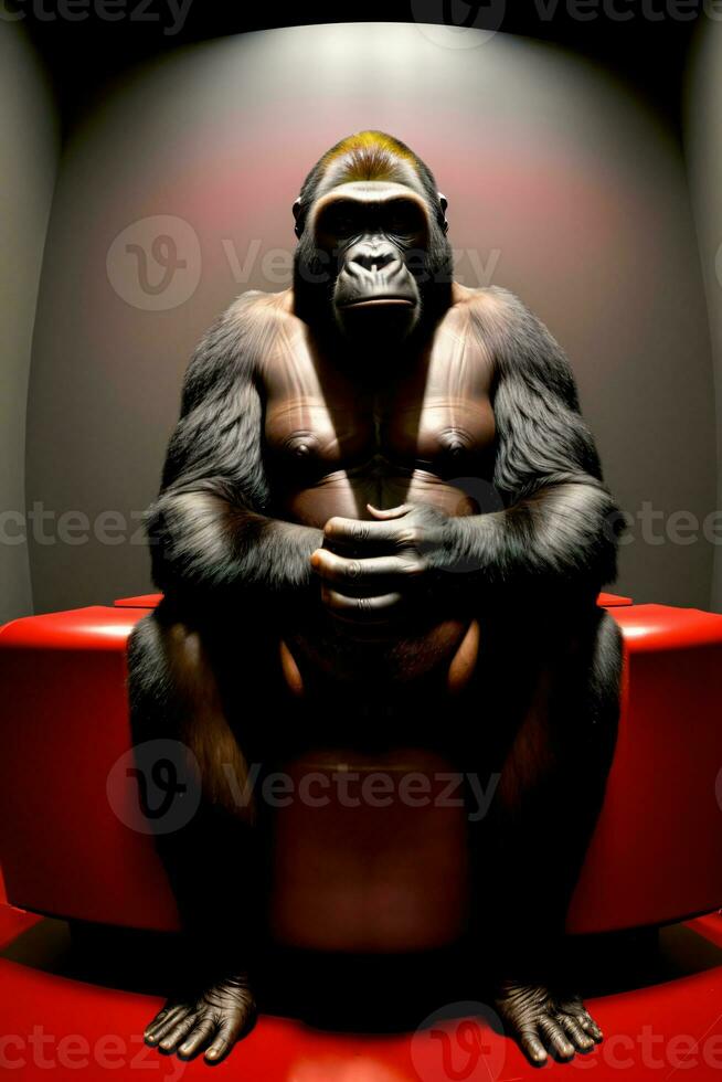 ein Gorilla Sitzung auf oben von ein rot Stuhl. ai generiert foto