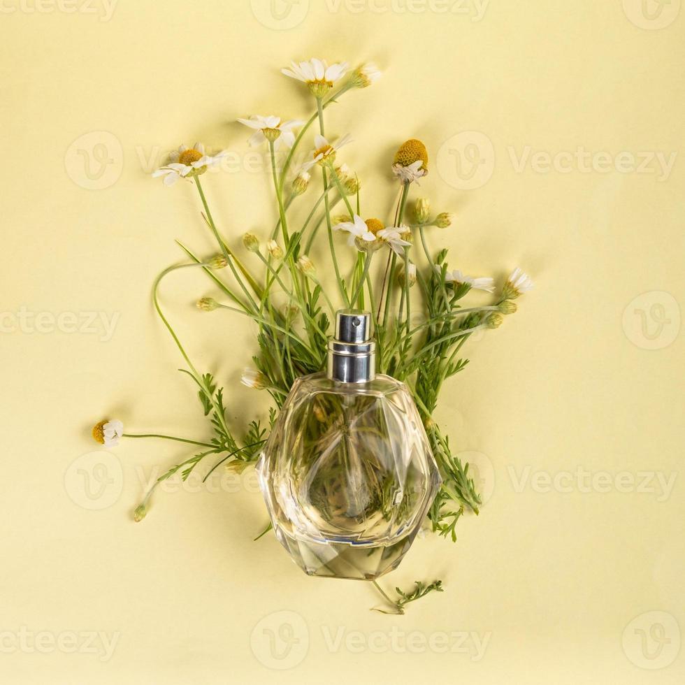 Parfümflasche mit Kamillenduft auf gelbem Hintergrund flach foto
