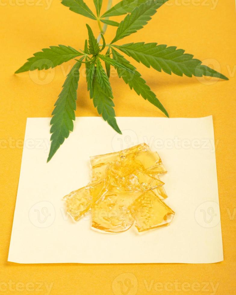 Stücke von goldenem Cannabiswachs auf gelbem Hintergrund mit Marihuanapflanze foto