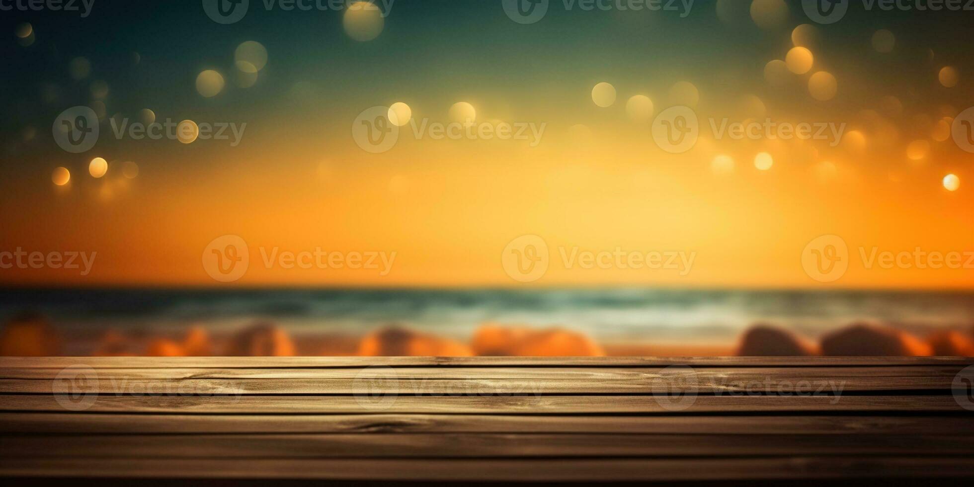 generativ ai, tropisch Sommer- Sonnenuntergang Strand Bar Hintergrund. hölzern Tabelle oben Produkt Anzeige Vitrine leeren Bühne. foto