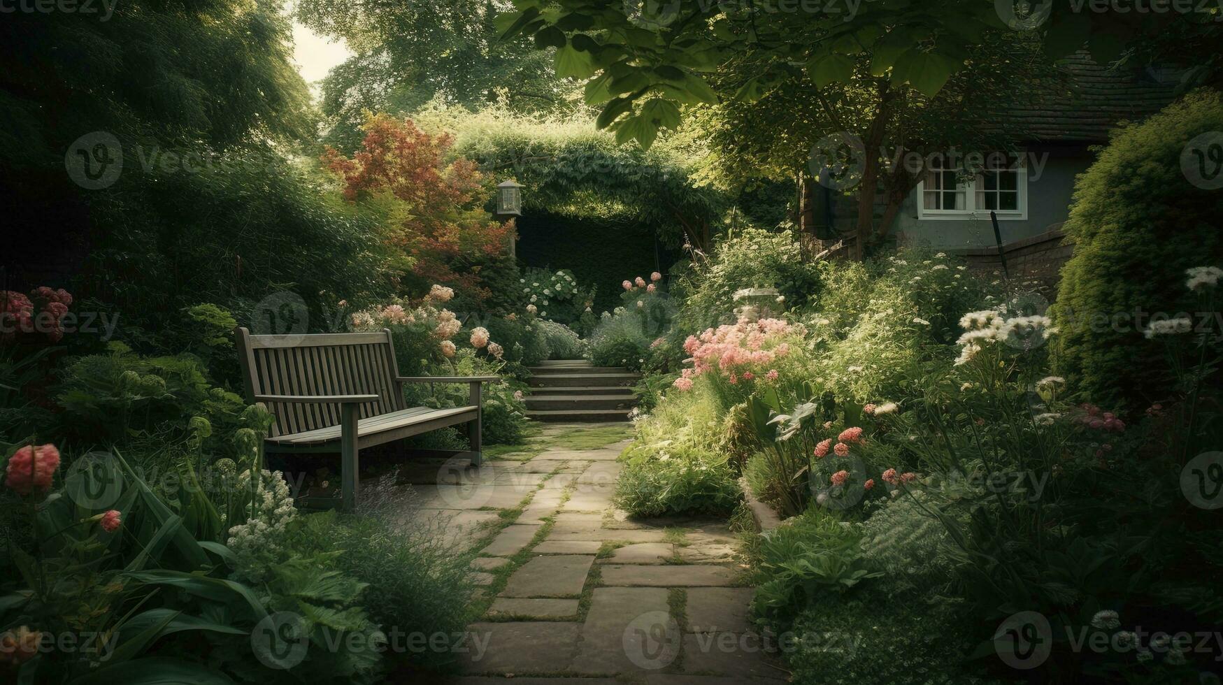 generativ ai, schön Sommer- Privat Garten mit viele Blumen und Pflanzen, Natur Landschaft, Englisch Landschaft Hütte Stil foto