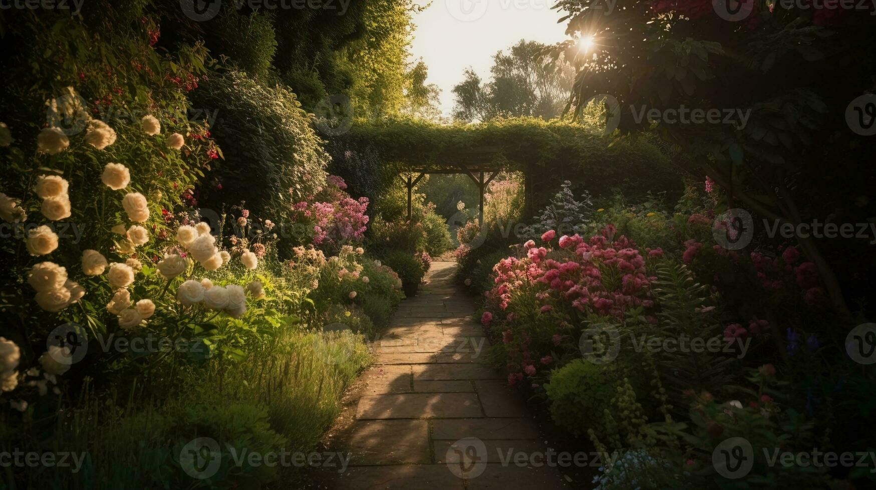 generativ ai, schön Sommer- Privat Garten mit viele Blumen und Pflanzen, Natur Landschaft, Englisch Landschaft Hütte Stil foto